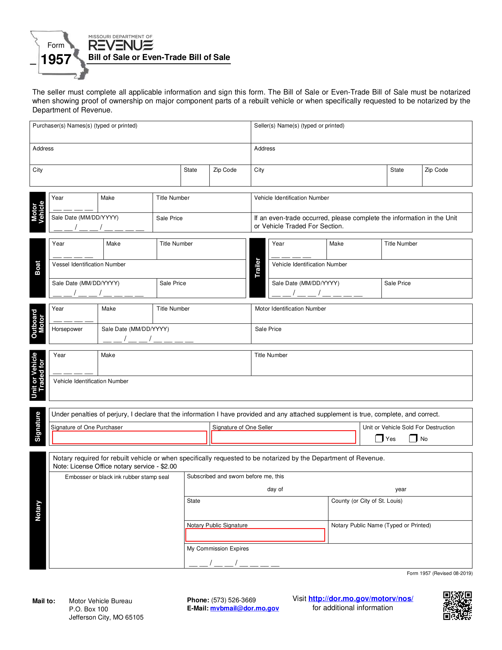 Free Missouri Bill Of Sale Forms (4) - Pdf – Eforms with regard to Missouri Bill of Sale Printable