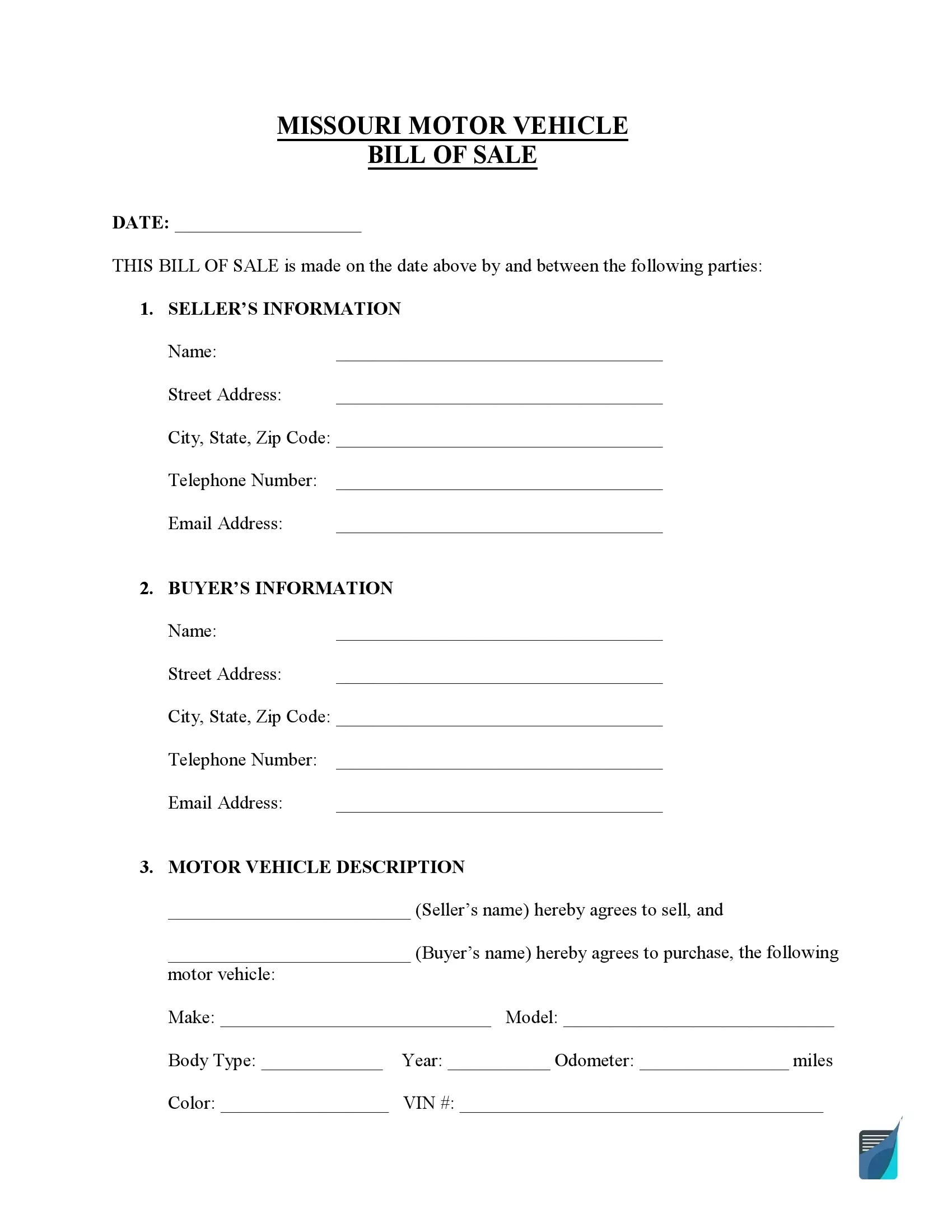 Free Missouri Bill Of Sale Forms (Pdf) | Formspal in Missouri Bill Of Sale Printable