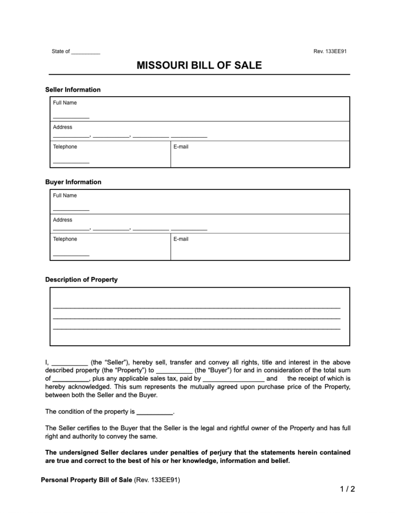 Free Missouri Bill Of Sale Forms | Printable Pdf &amp;amp; Word within Missouri Bill Of Sale Printable