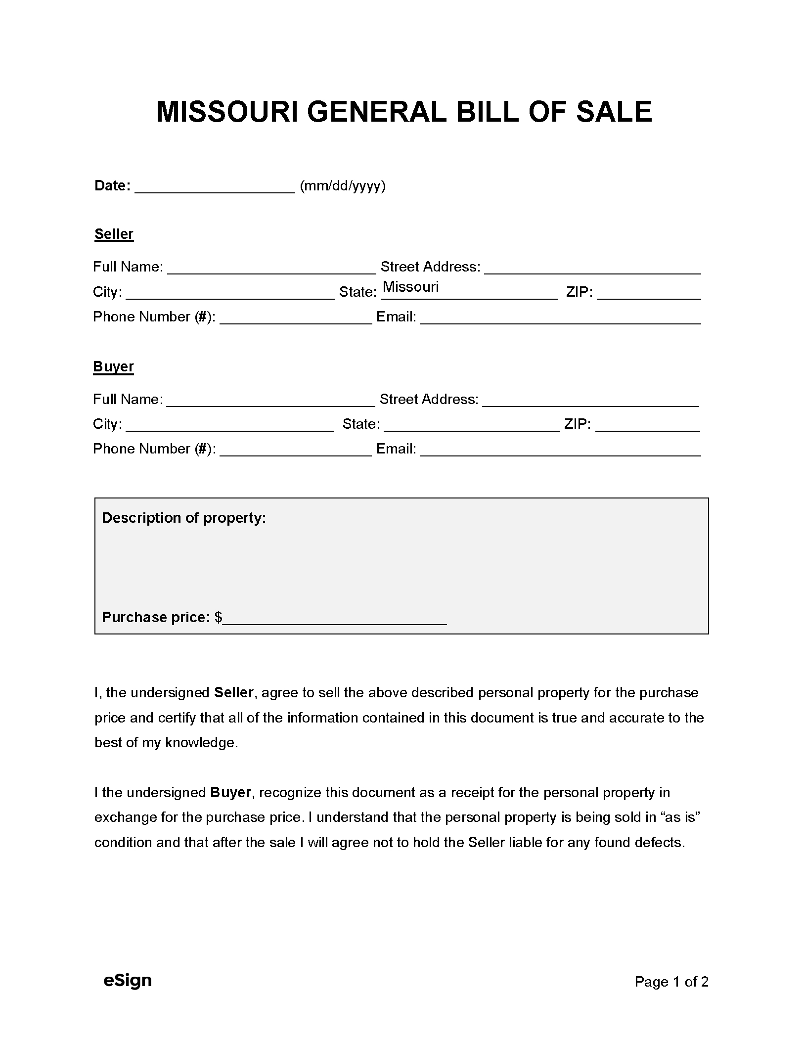 Free Missouri General Bill Of Sale Form | Pdf | Word with Missouri Bill Of Sale Printable
