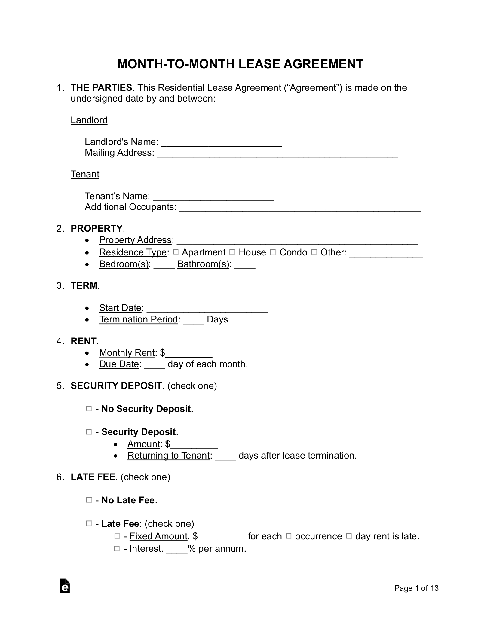 Free Month-To-Month Lease Agreement Template - Pdf | Word – Eforms in Printable Simple Month to Month Rental Agreement