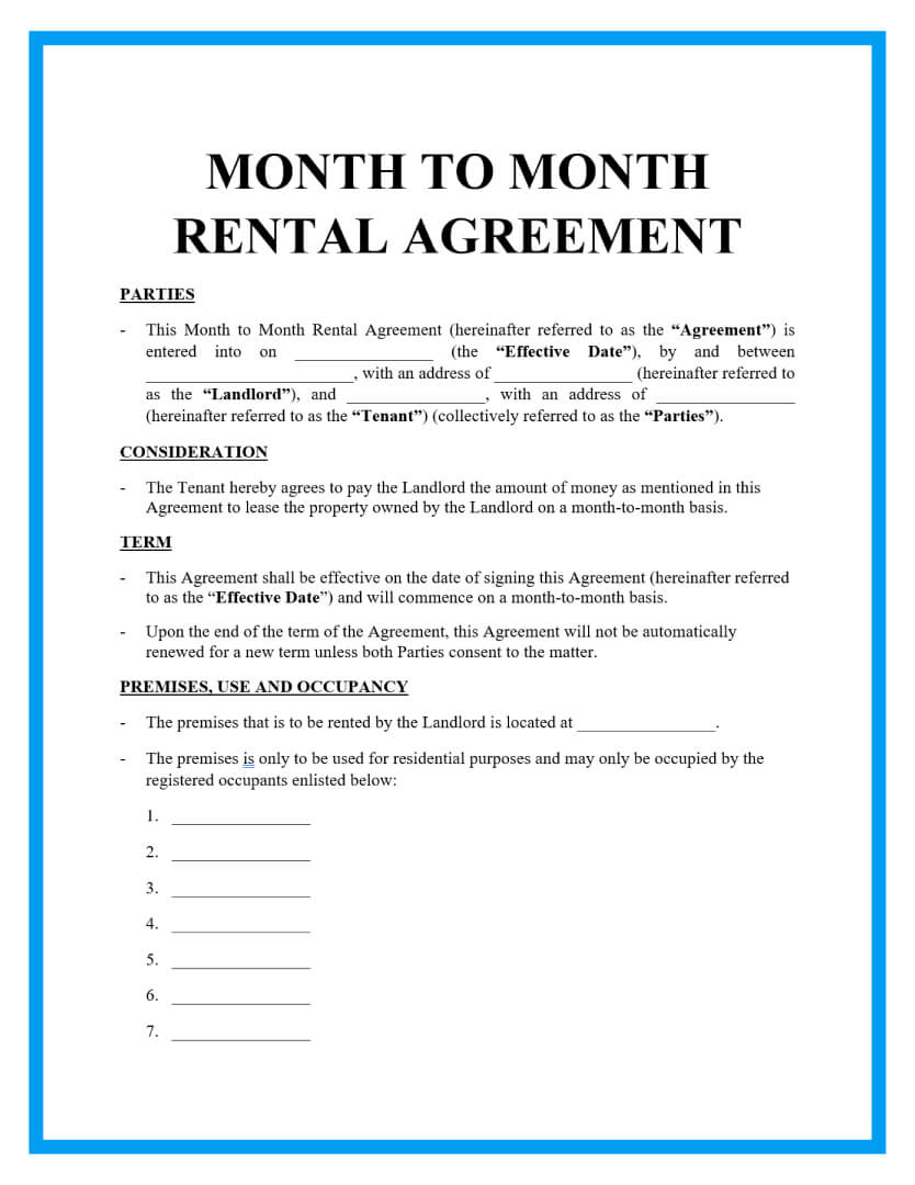 Free Month-To-Month Rental Agreements Sample with Printable Simple Month to Month Rental Agreement