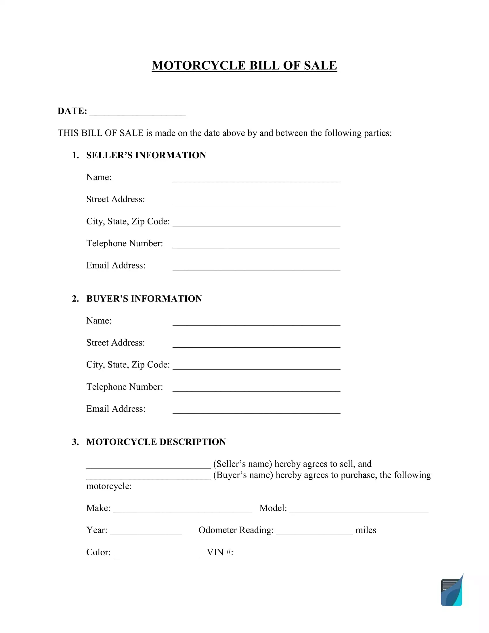 Free Motorcycle Bill Of Sale Form (Pdf Template) | Formspal inside Free Printable Bill of Sale For Motorcycle