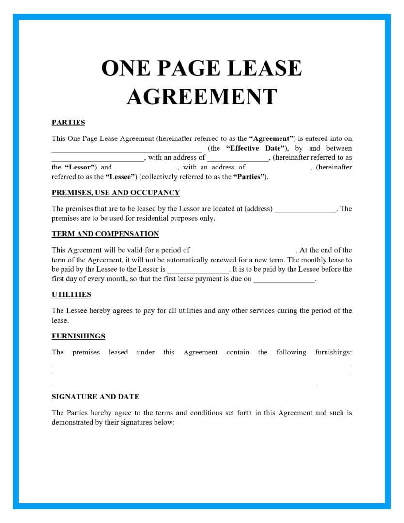 Free One Page Lease Agreement Templates with Free Blank Printable Rental Agreement