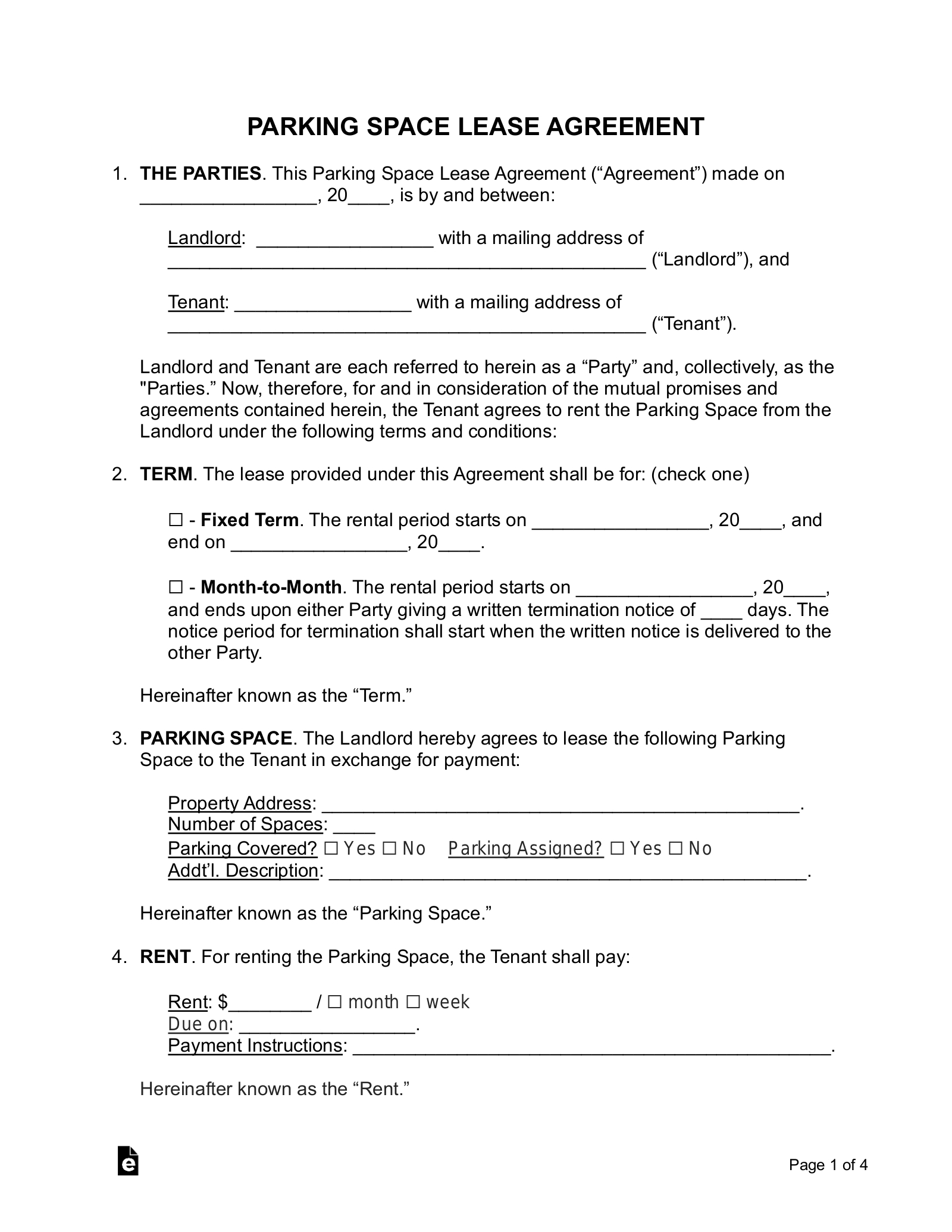 Free Parking Space Lease Agreement Template - Pdf | Word – Eforms intended for Free Printable Lot Rental Agreement