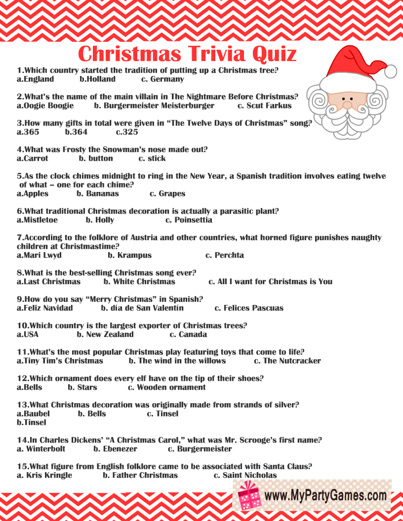 Free Printable Christmas Trivia Quiz with Printable Christmas Quizzes with Answers