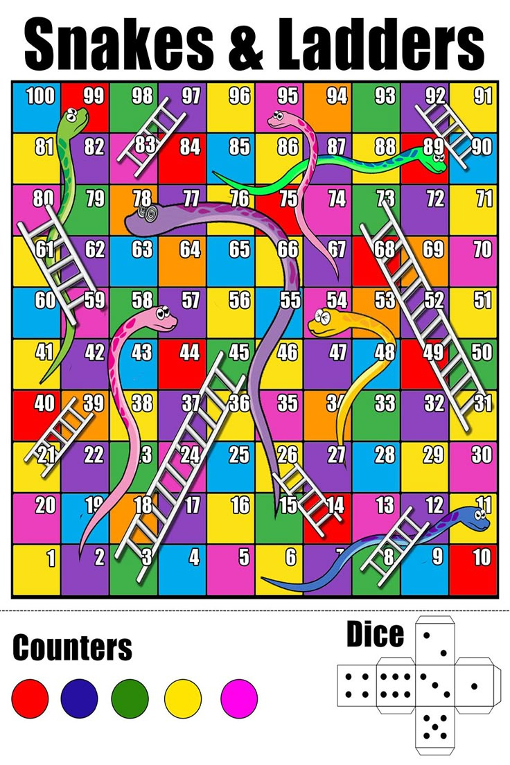 Free Printable Snakes & Ladders Game Template With Counters with regard to Printable Chutes and Ladders Game