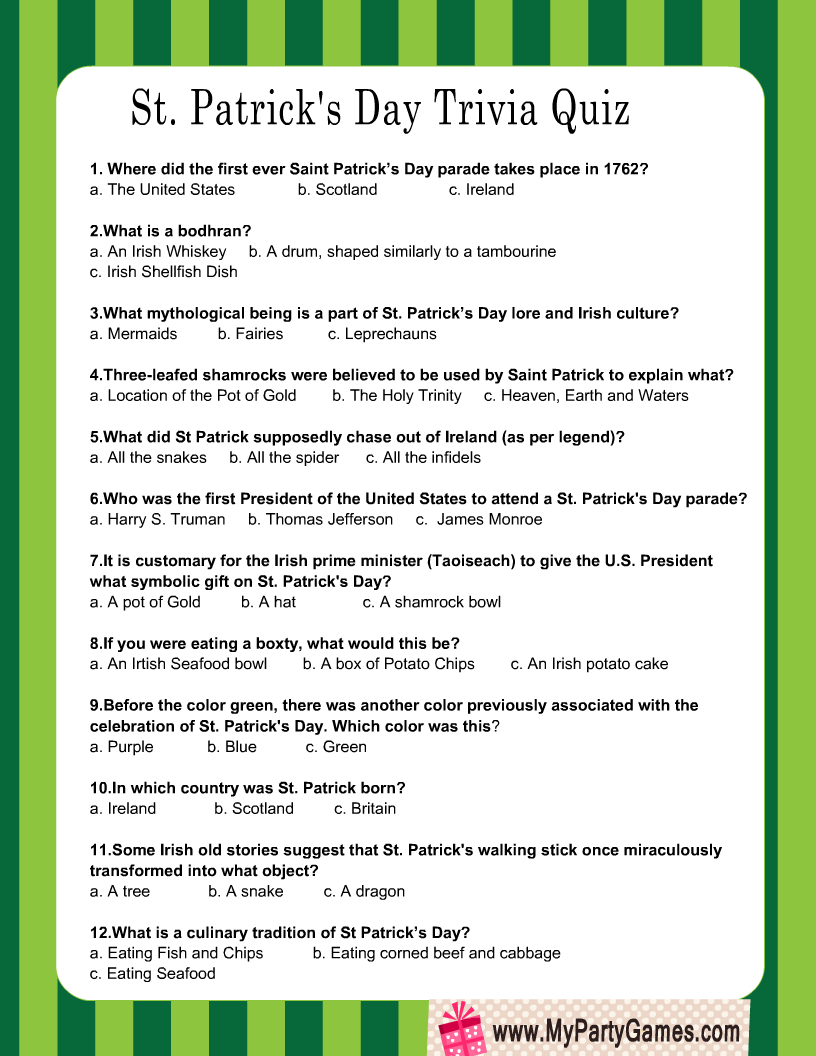 Free Printable St. Patrick&amp;#039;S Day Trivia Quiz within St Patrick&amp;#039;S Day Trivia Questions And Answers Printable