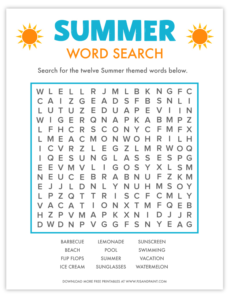 Free Printable Summer Word Search - Pjs And Paint in Free Printable Summer Word Search