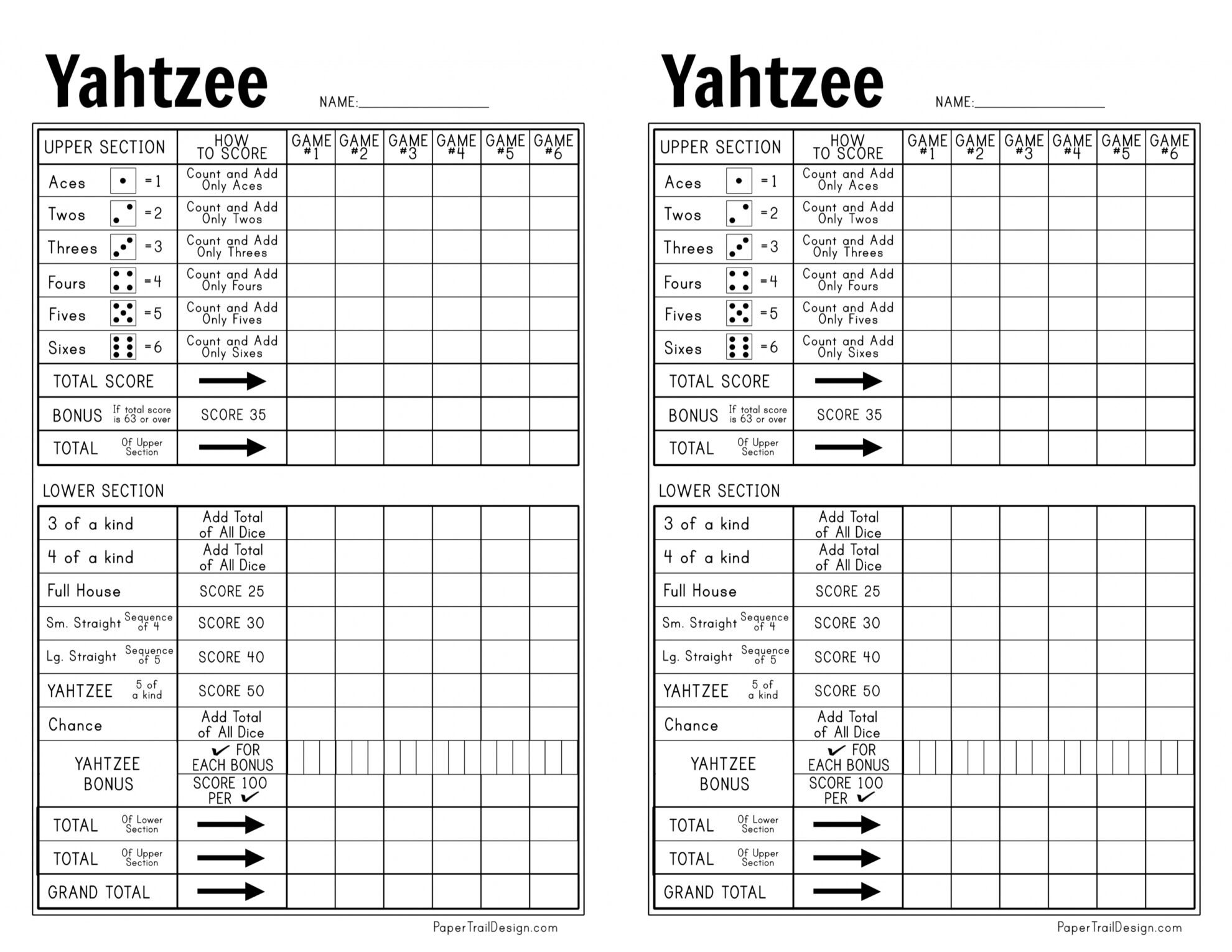 Free Printable Yahtzee Score Card - Paper Trail Design throughout Printable Yahtzee Score Sheets 2 Per Page