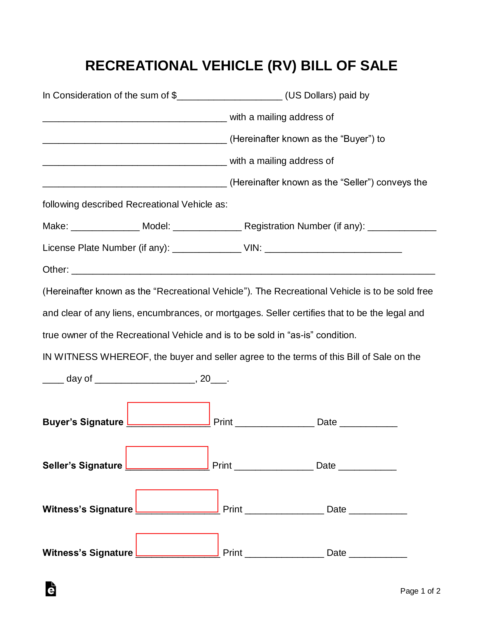 Free Recreational Vehicle (Rv) Bill Of Sale Form - Pdf | Word – Eforms with regard to Printable Bill Of Sale For Camper
