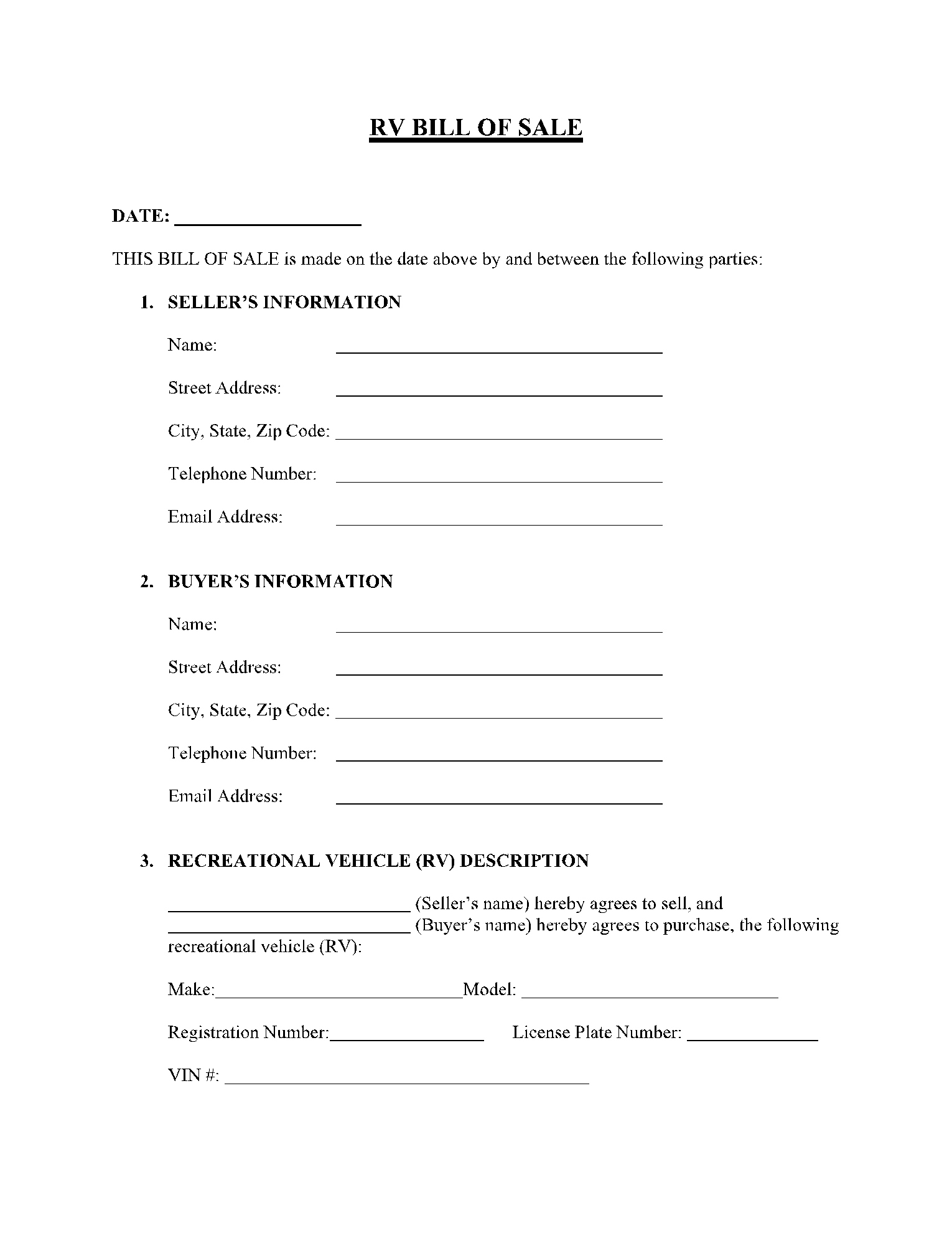 Free Recreational Vehicle (Rv) Bill Of Sale Template | Cocosign inside Printable Bill Of Sale For Camper