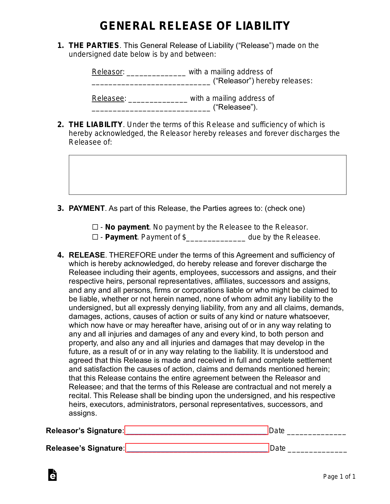 Free Release Of Liability (Waiver) Forms (14) - Pdf | Word – Eforms for Printable General Release Form