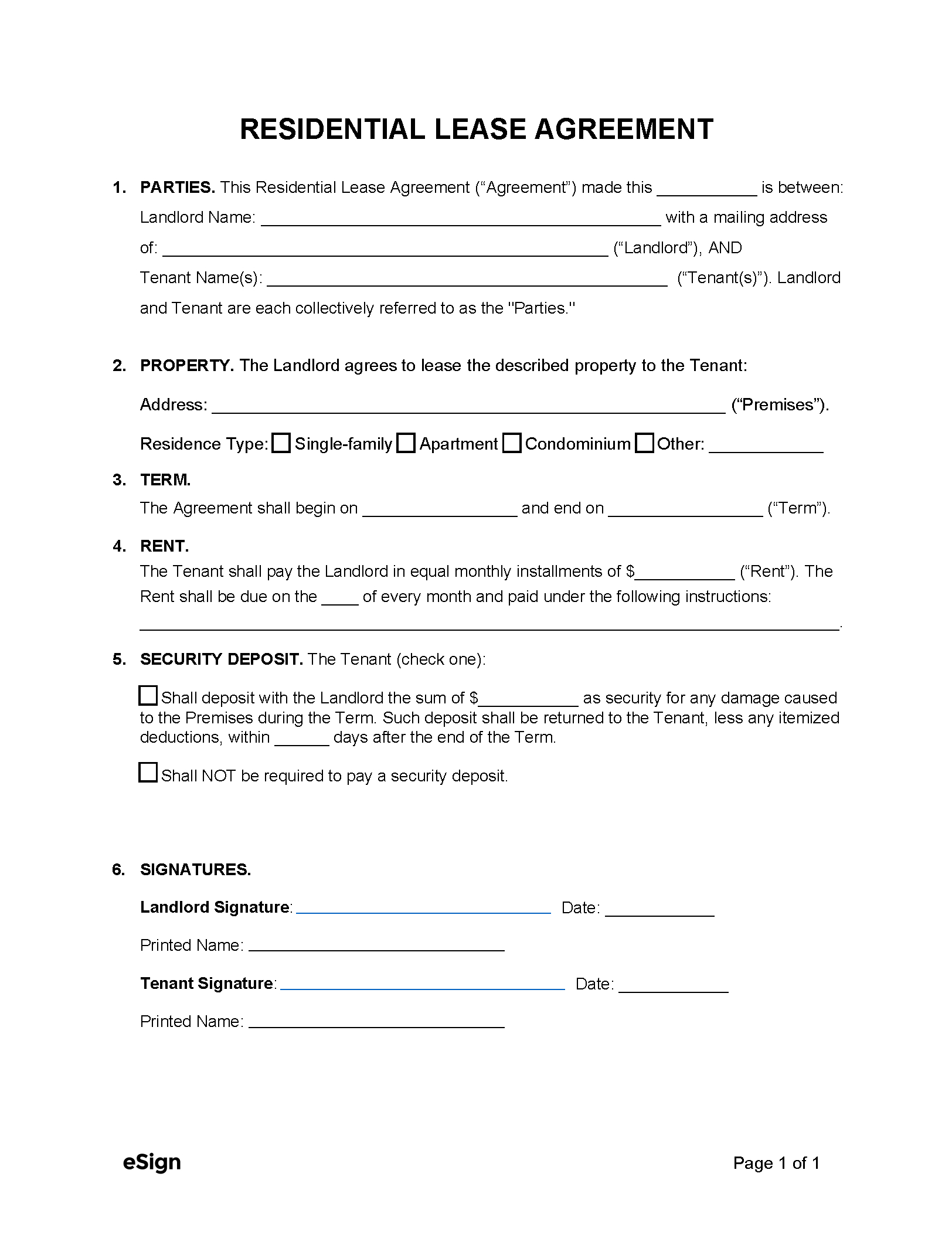 Free Simple (1-Page) Lease Agreement Template | Pdf | Word with Free Printable Residential Lease Agreement