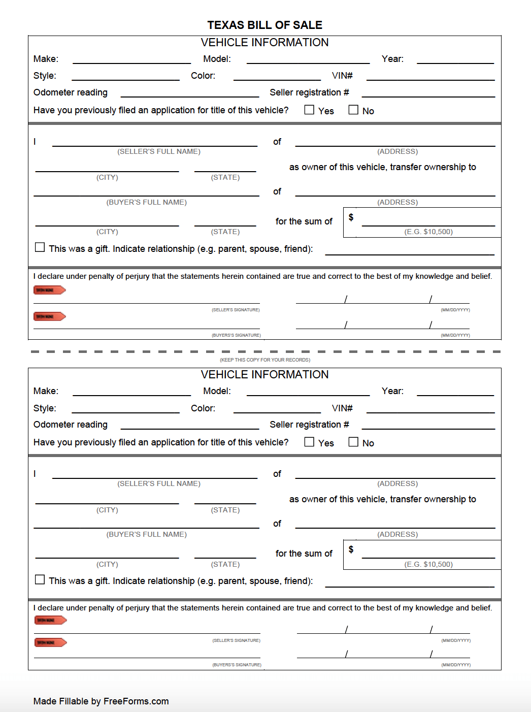 Free Texas (Dmv) Bill Of Sale Form For Motor Vehicle, Trailer, Or inside Printable Auto Bill Of Sale Texas
