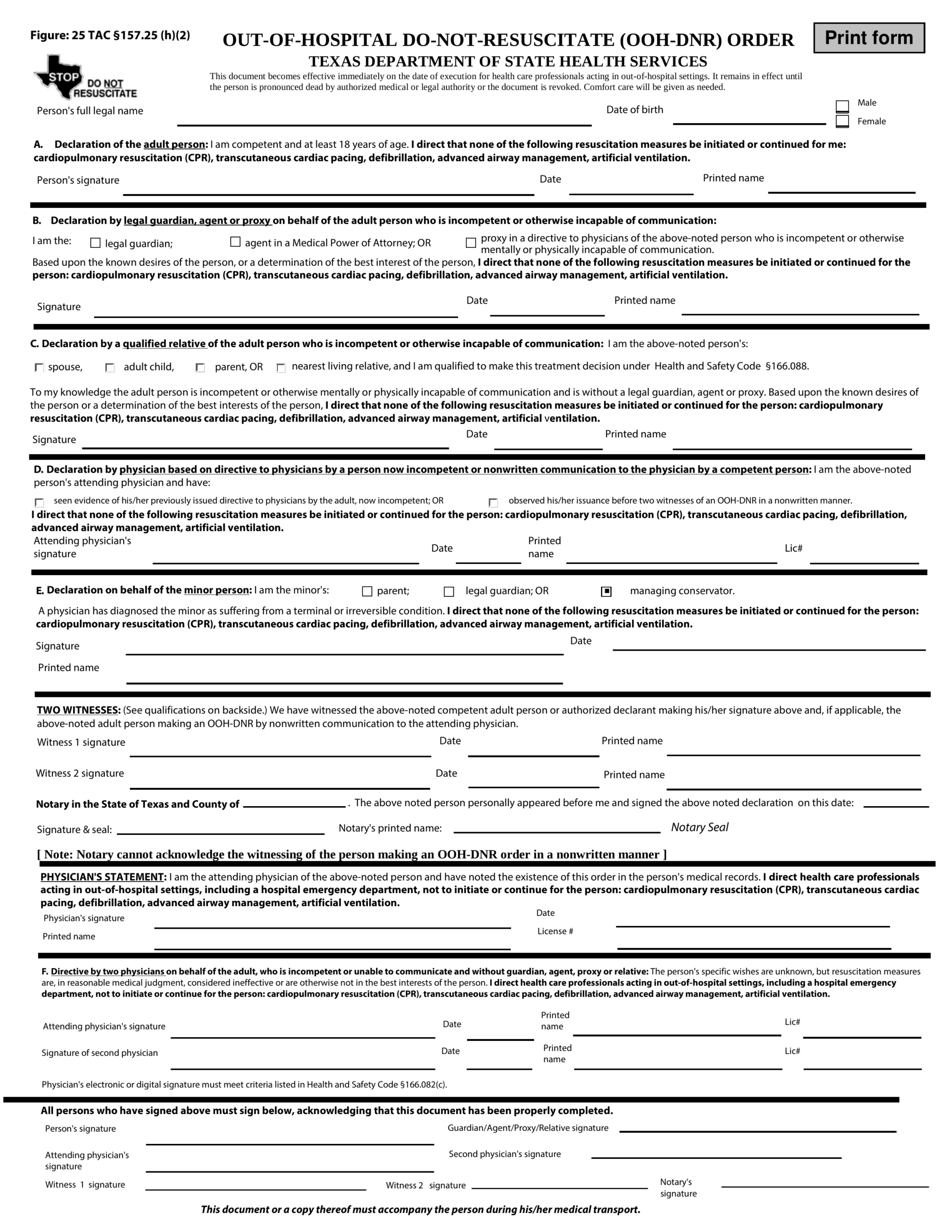 Free Texas Do Not Resuscitate (Dnr) Order Form - Pdf – Eforms within Free Printable Dnr Form Texas