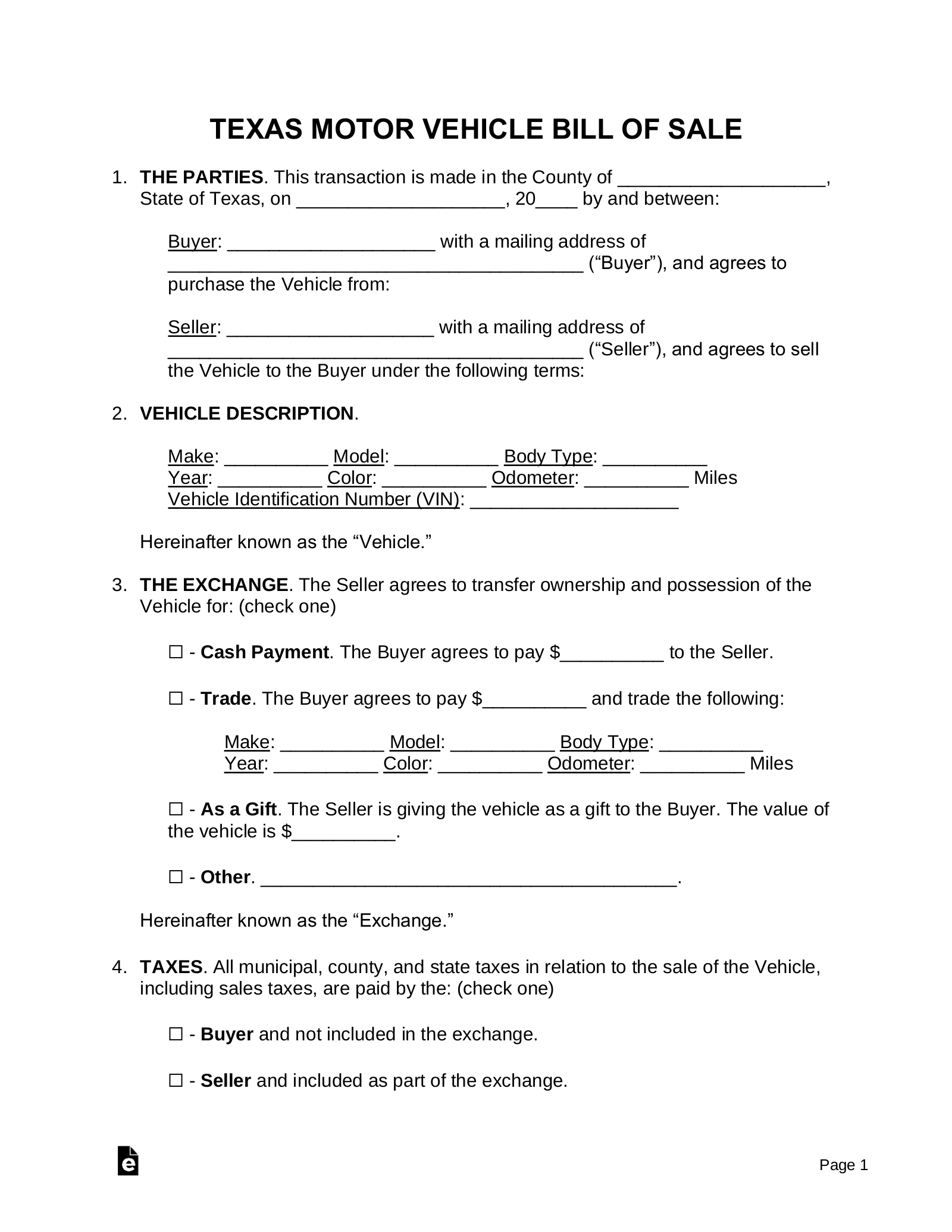 Free Texas Motor Vehicle Bill Of Sale Form - Pdf | Word – Eforms for Printable Auto Bill of Sale Texas