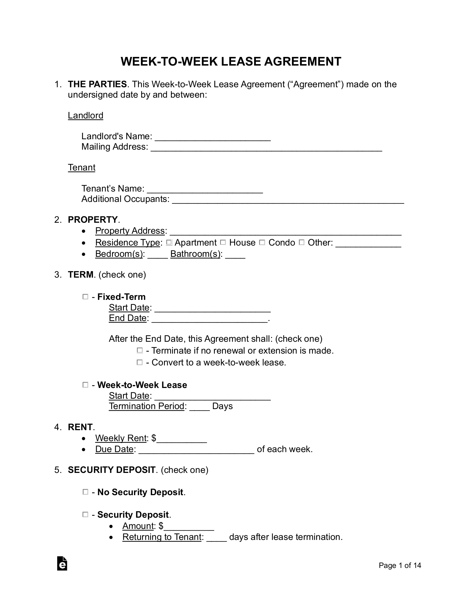 Free Week-To-Week (Weekly) Lease Agreement Template - Pdf | Word intended for Free Blank Printable Rental Agreement
