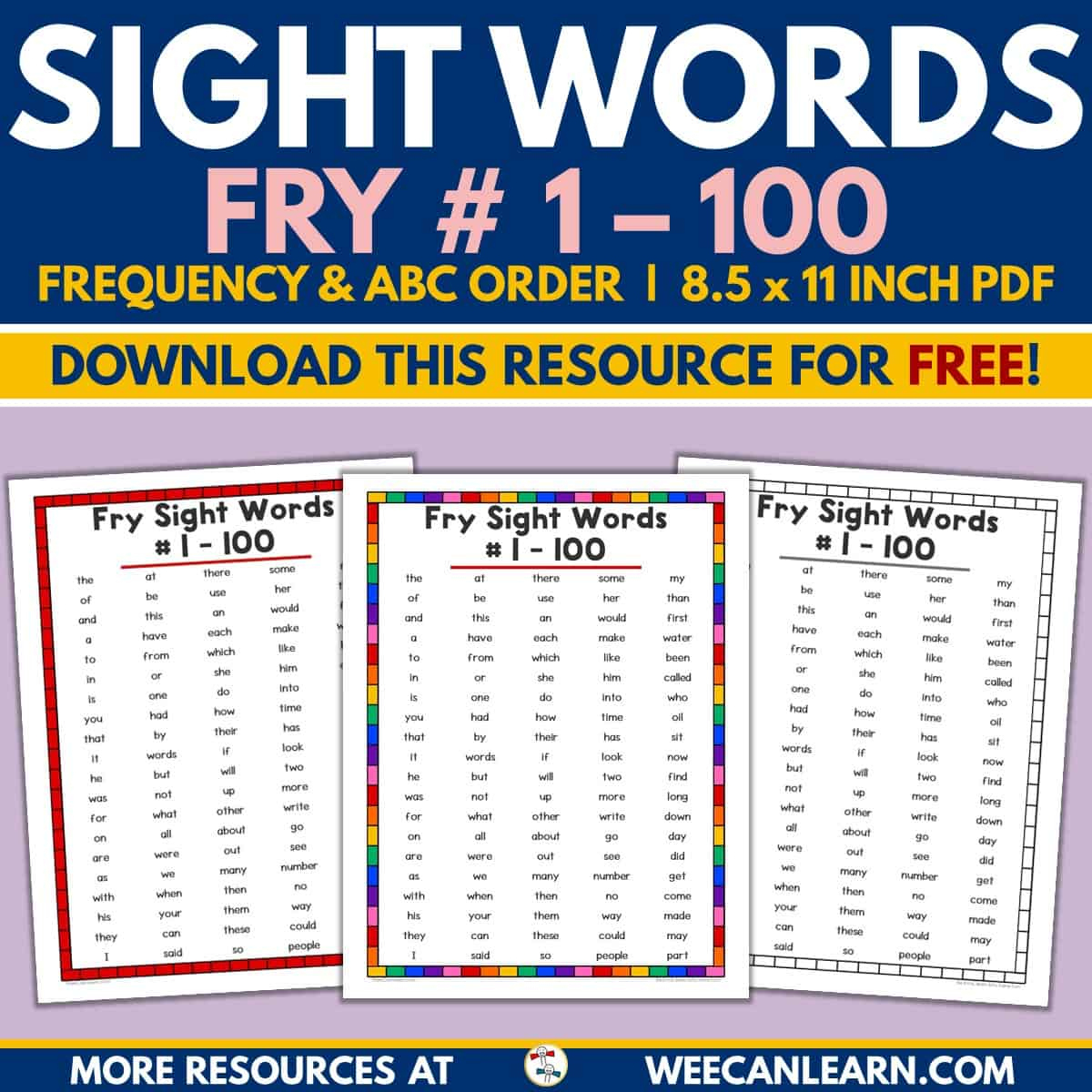 Fry Sight Word List #1-100 (Alphabetical, Frequency) [Free Download!] in Printable Fry Sight Word List