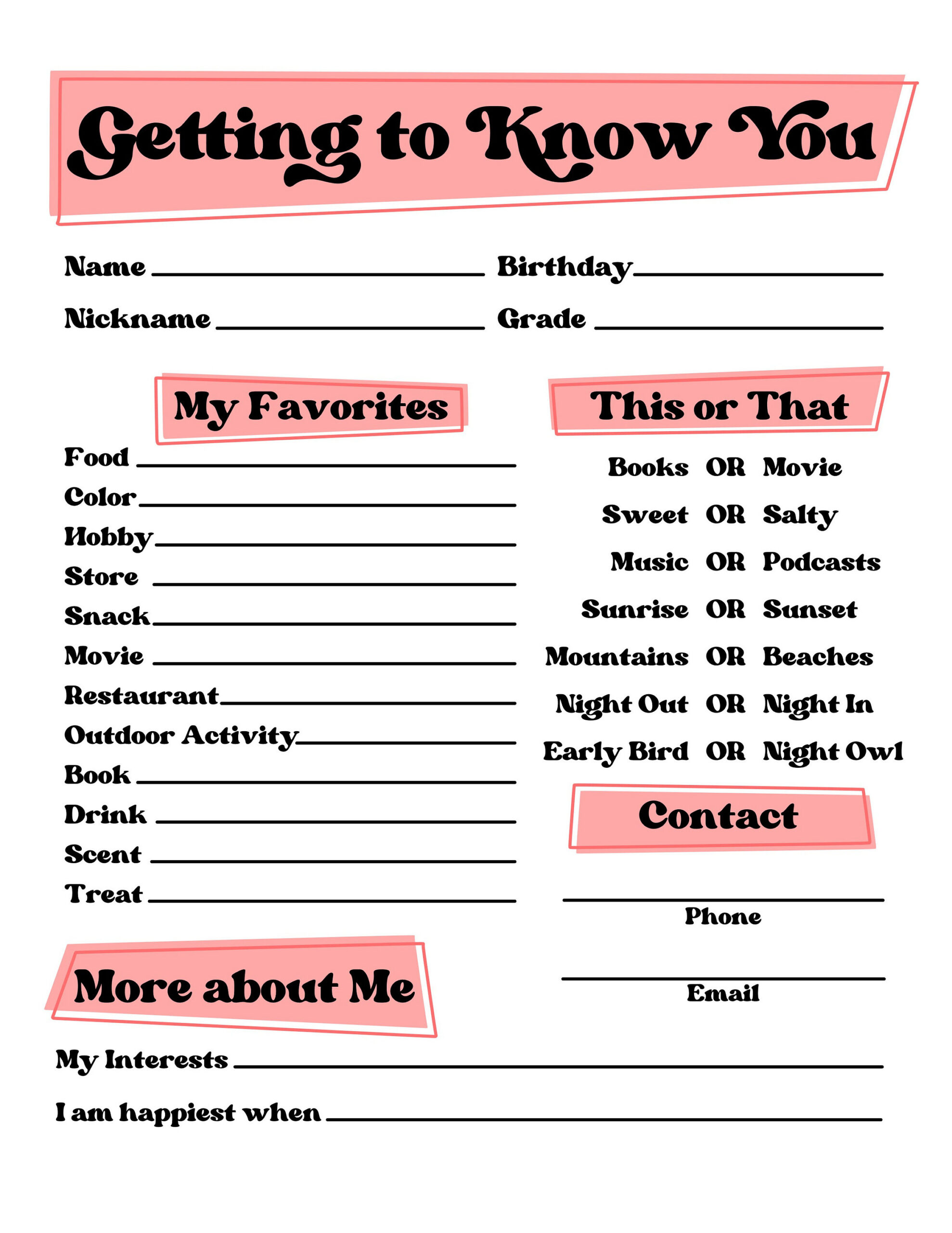 Get To Know You, Getting To Know You Page, Get To Know You within Getting To Know You Printable