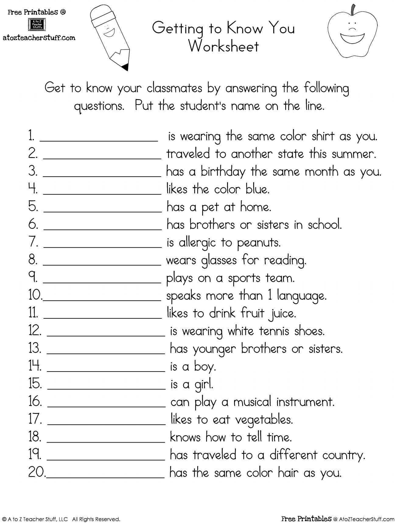 Getting To Know You Worksheet | A To Z Teacher Stuff Printable in Getting To Know You Printable