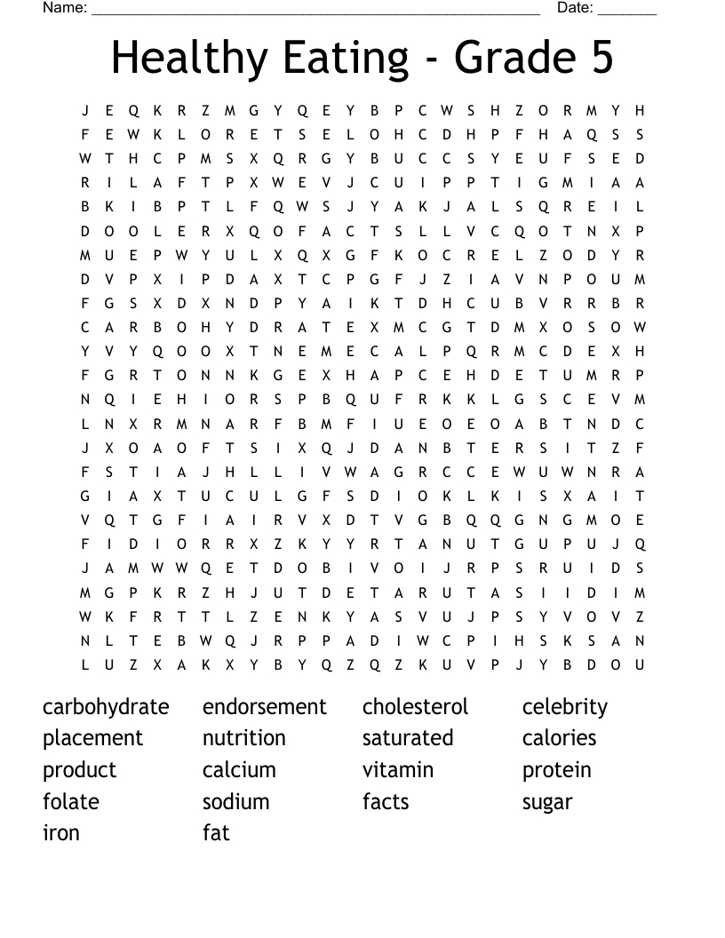 Healthy Eating - Grade 5 Word Search - Wordmint in 5Th Grade Word Search Free Printable