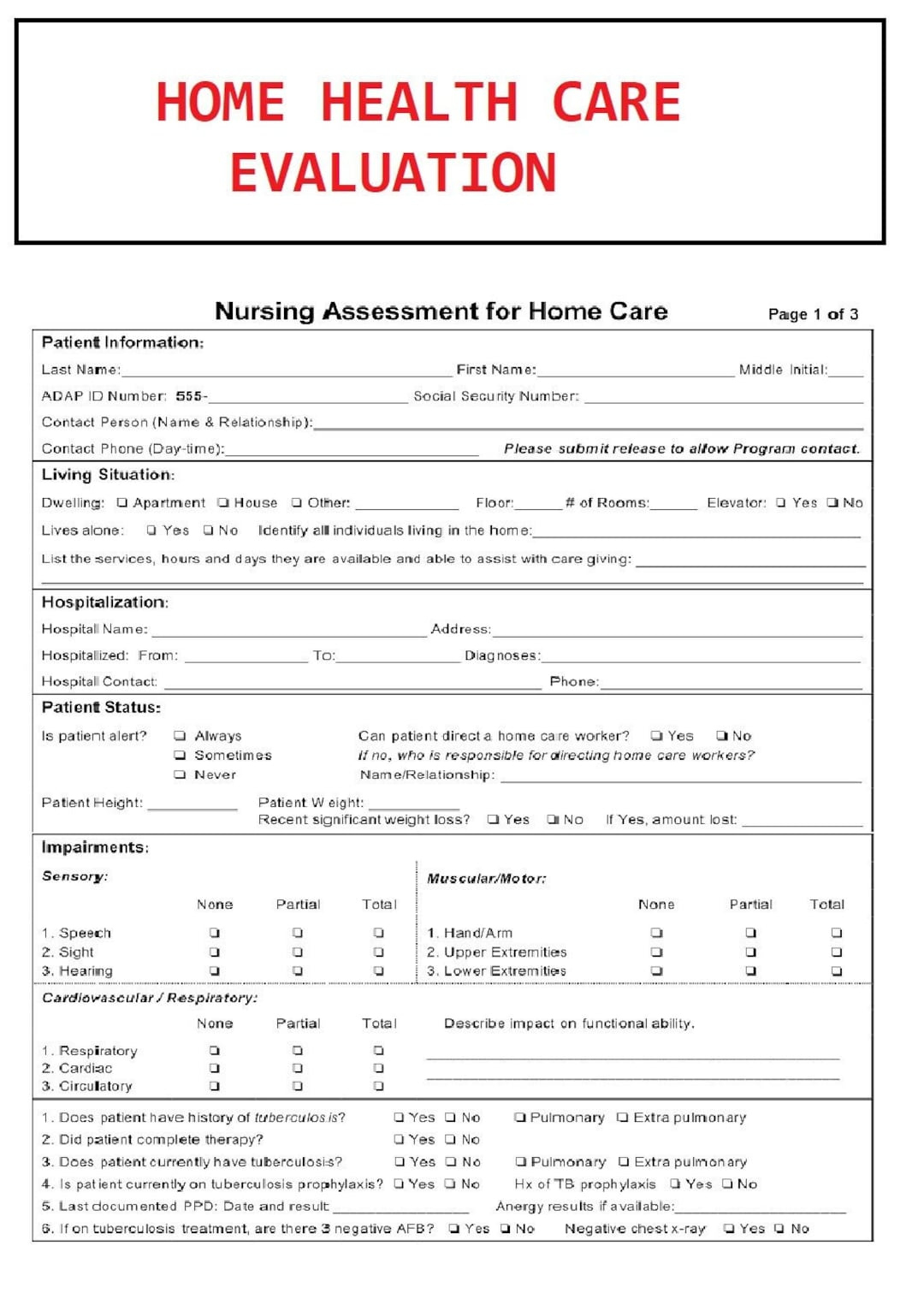 Homecare-Vereinbarungsvertragsform - Bewertungsformular Für Die with Printable Home Health Assessment Form