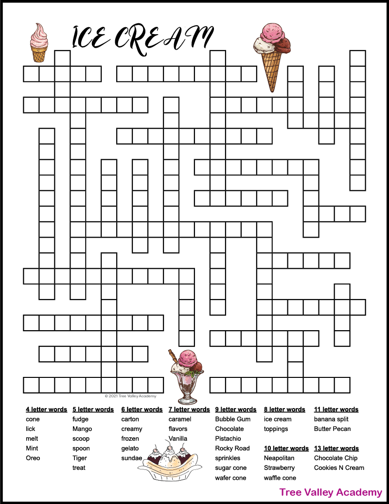 Ice Cream Fill In Puzzle - Tree Valley Academy inside Fill In Crossword Puzzles Printable