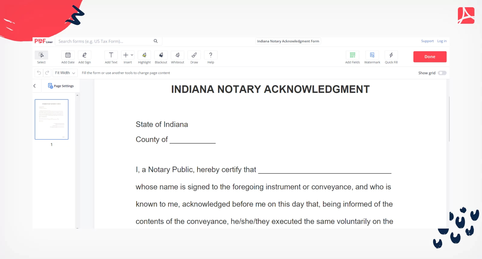 Indiana Notary Acknowledgment Form Pdf Blank - Pdfliner for Free Printable Notary Forms Indiana