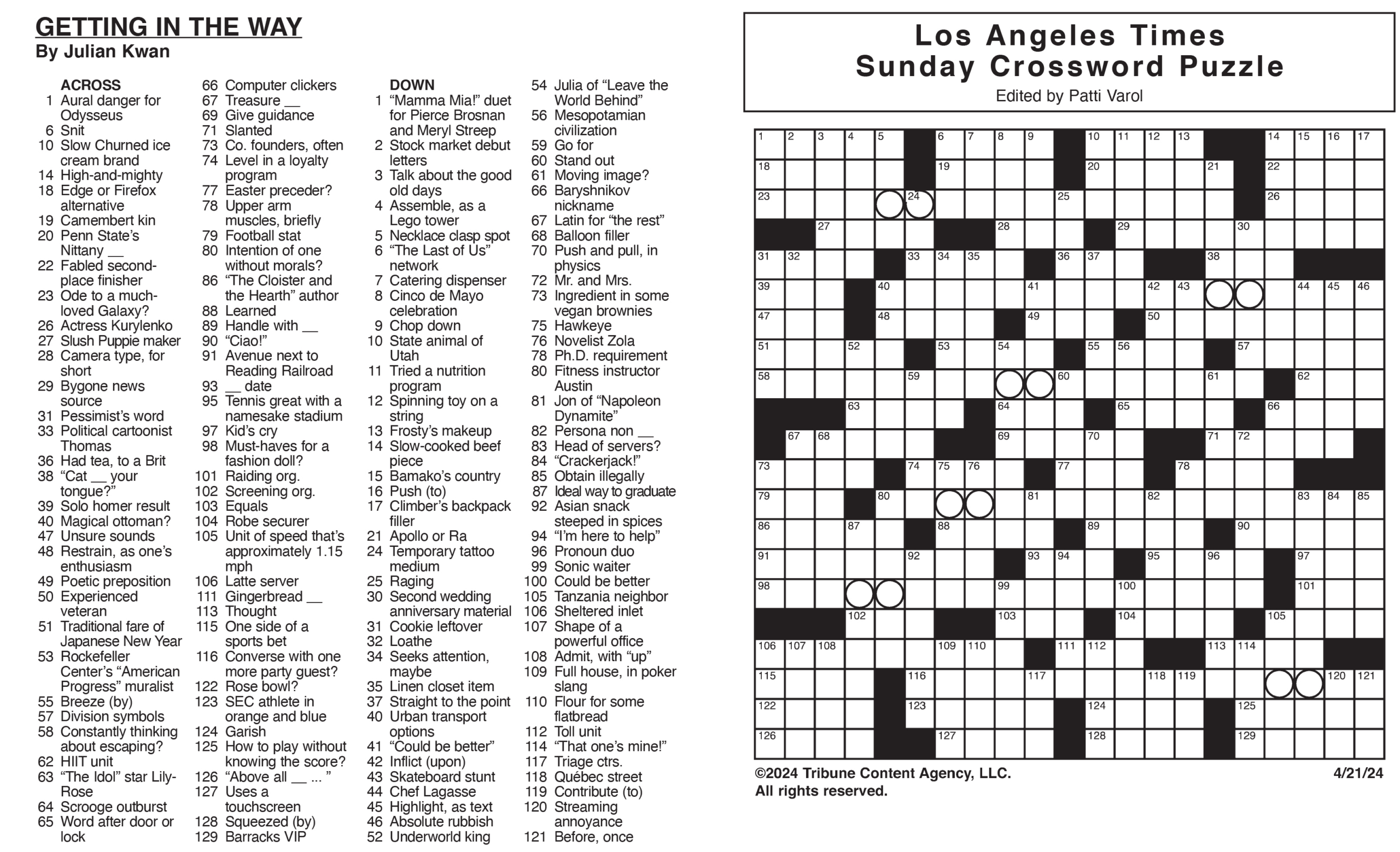 Los Angeles Times Sunday Crossword Puzzle | Tribune Content regarding Free Printable La Times Crossword Puzzles