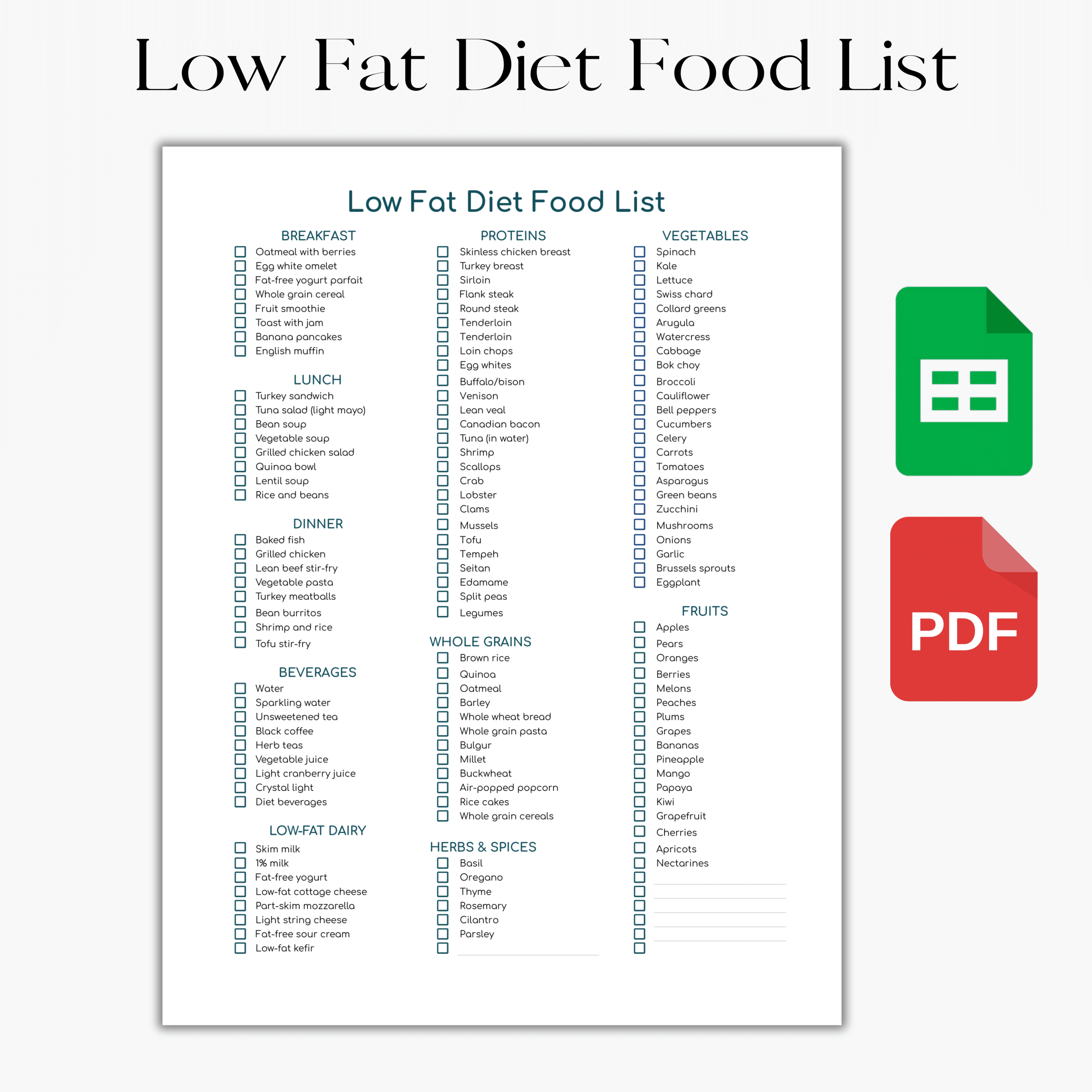 Low Fat Diet Food List And Grocery List (Google Sheet & Pdf) regarding Printable List Of Low Fat Foods