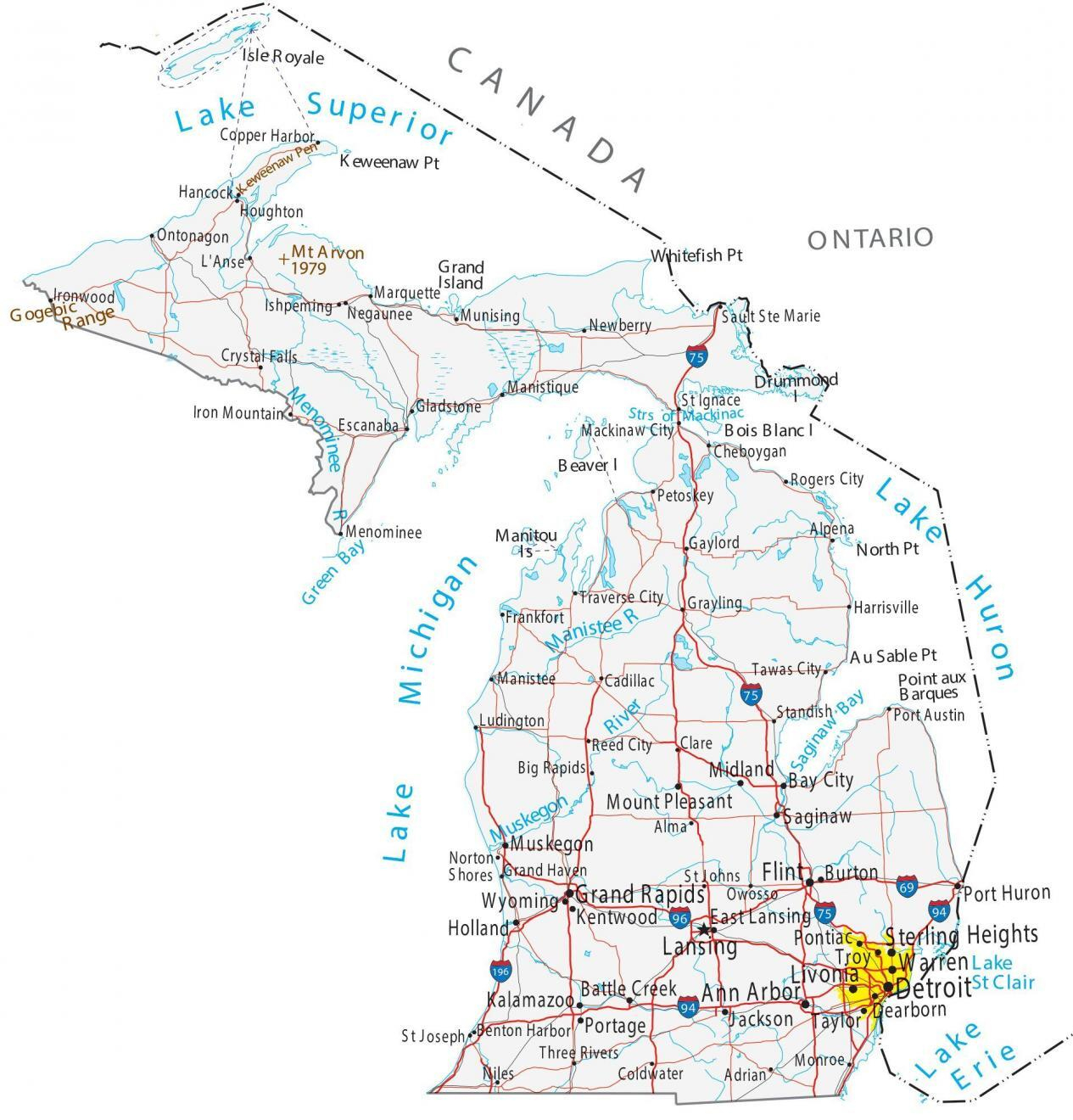 Map Of Michigan - Cities And Roads - Gis Geography inside Printable Michigan Map with Cities