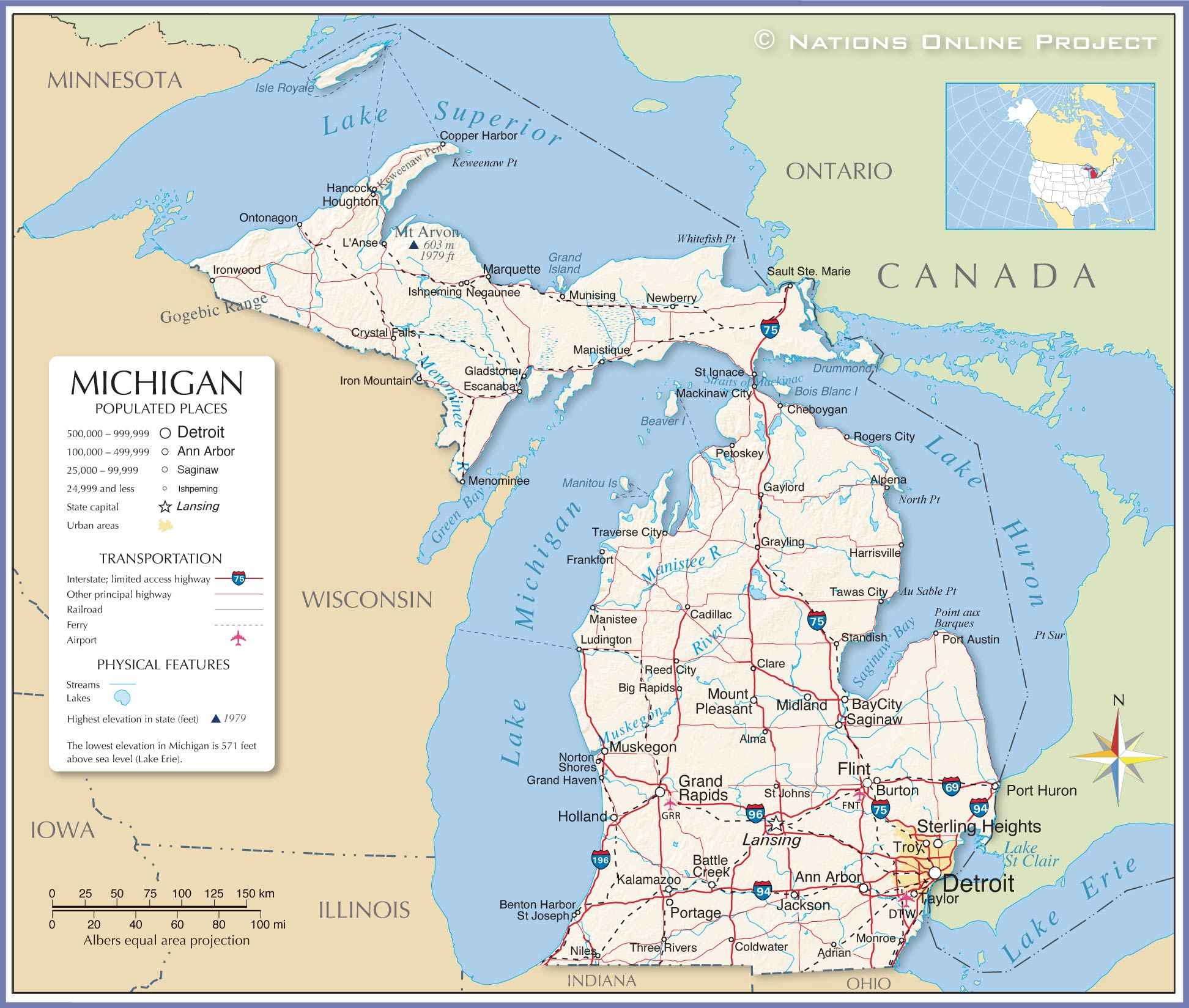 Map Of The State Of Michigan, Usa - Nations Online Project with regard to Printable Michigan Map with Cities