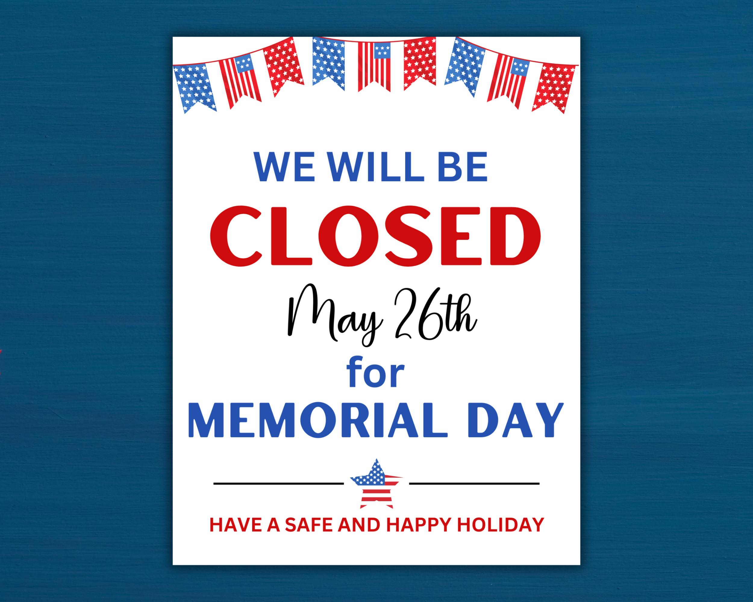 Memorial Day Closed Sign: Printable Storefront Door Sign (Instant inside Printable Closed For Memorial Day Sign