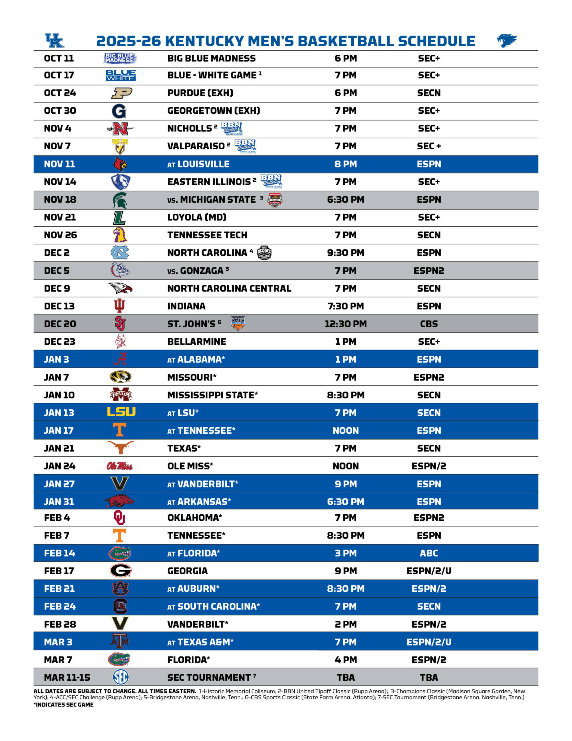 Men&amp;#039;S Basketball Announces 2025-26 Finalized Schedule inside Printable Uk Basketball Schedule