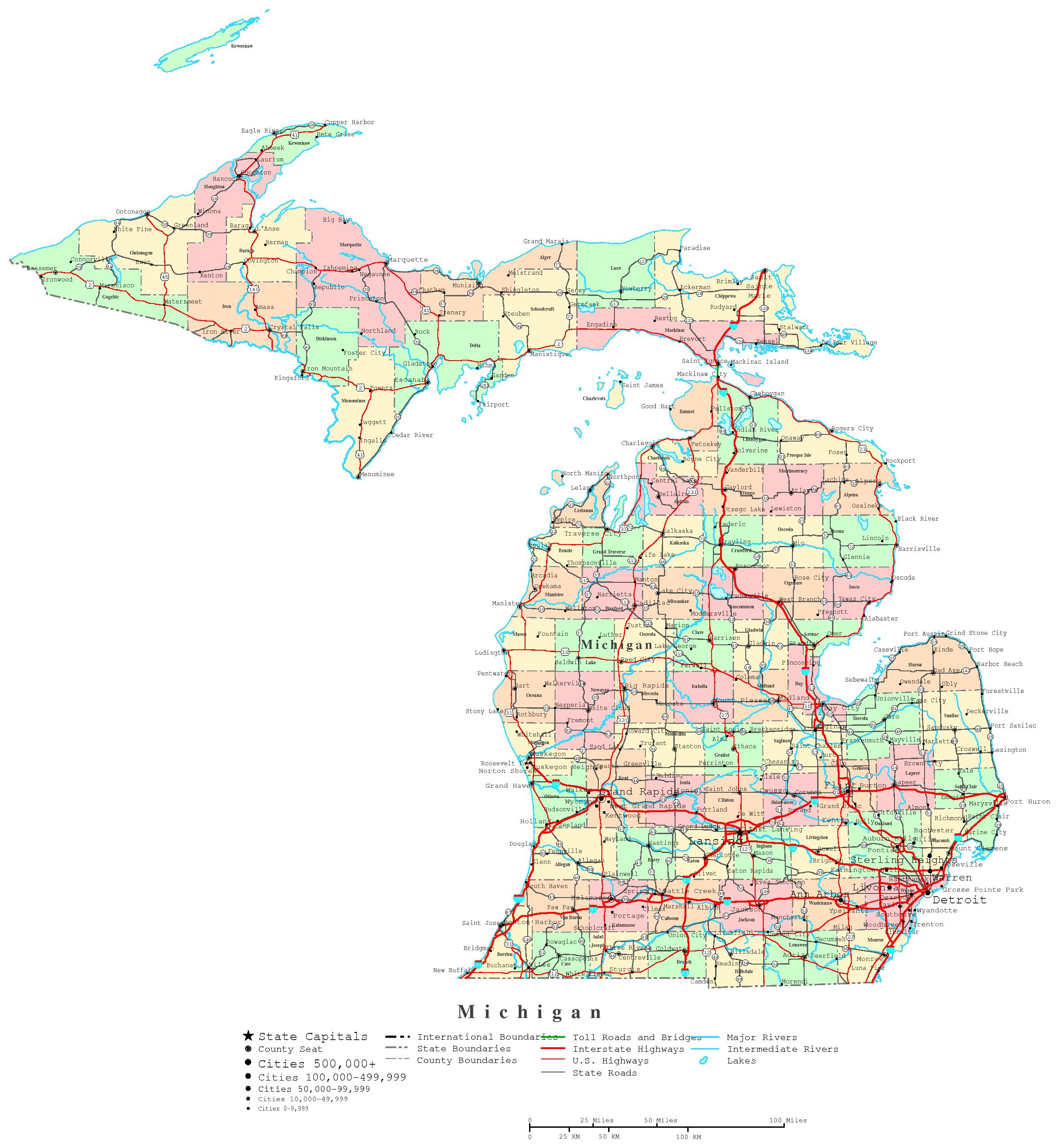 Michigan Printable Map inside Printable Michigan Map with Cities