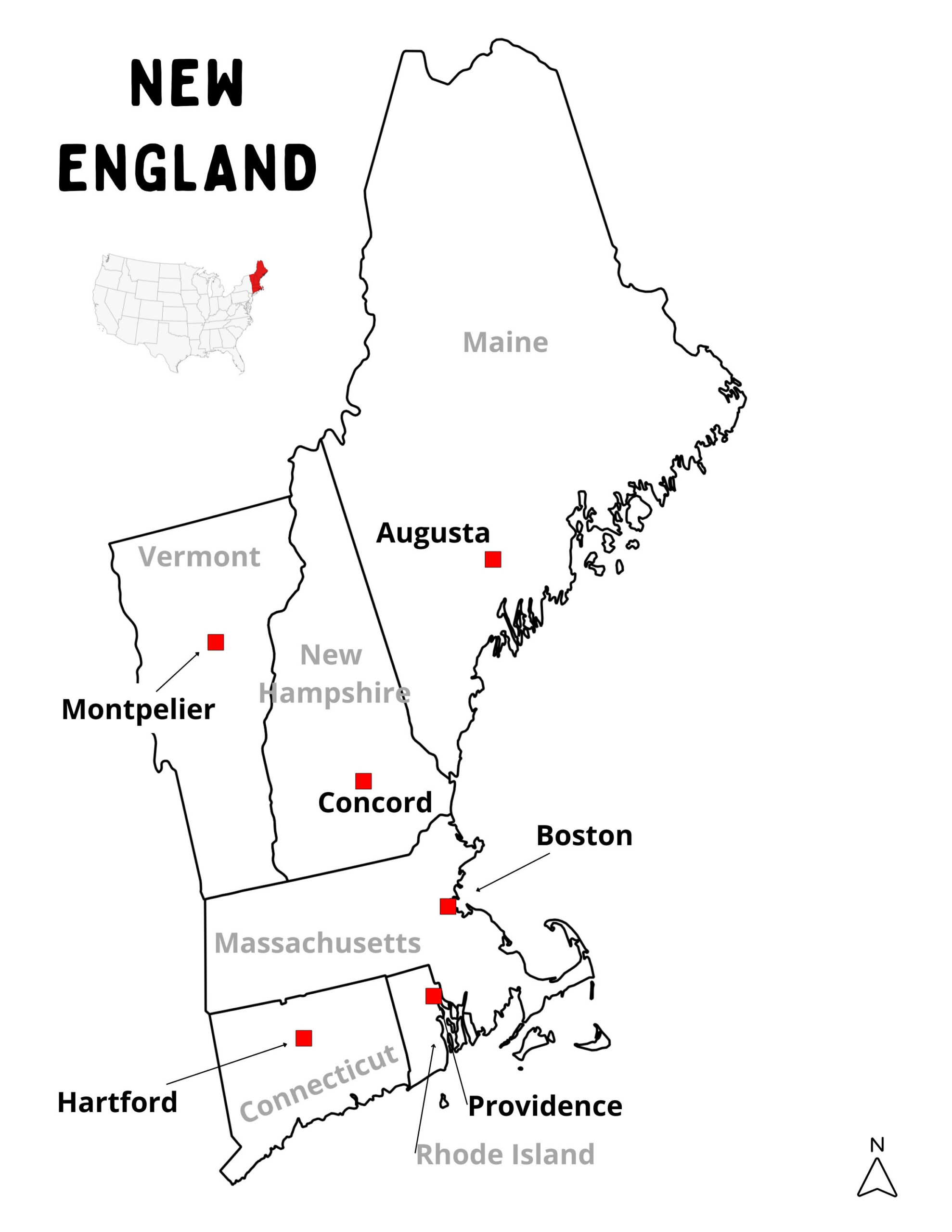 New England Geographie Ausdrucke: Übersichtskarten, Wortsuche Und pertaining to Map of New England Printable