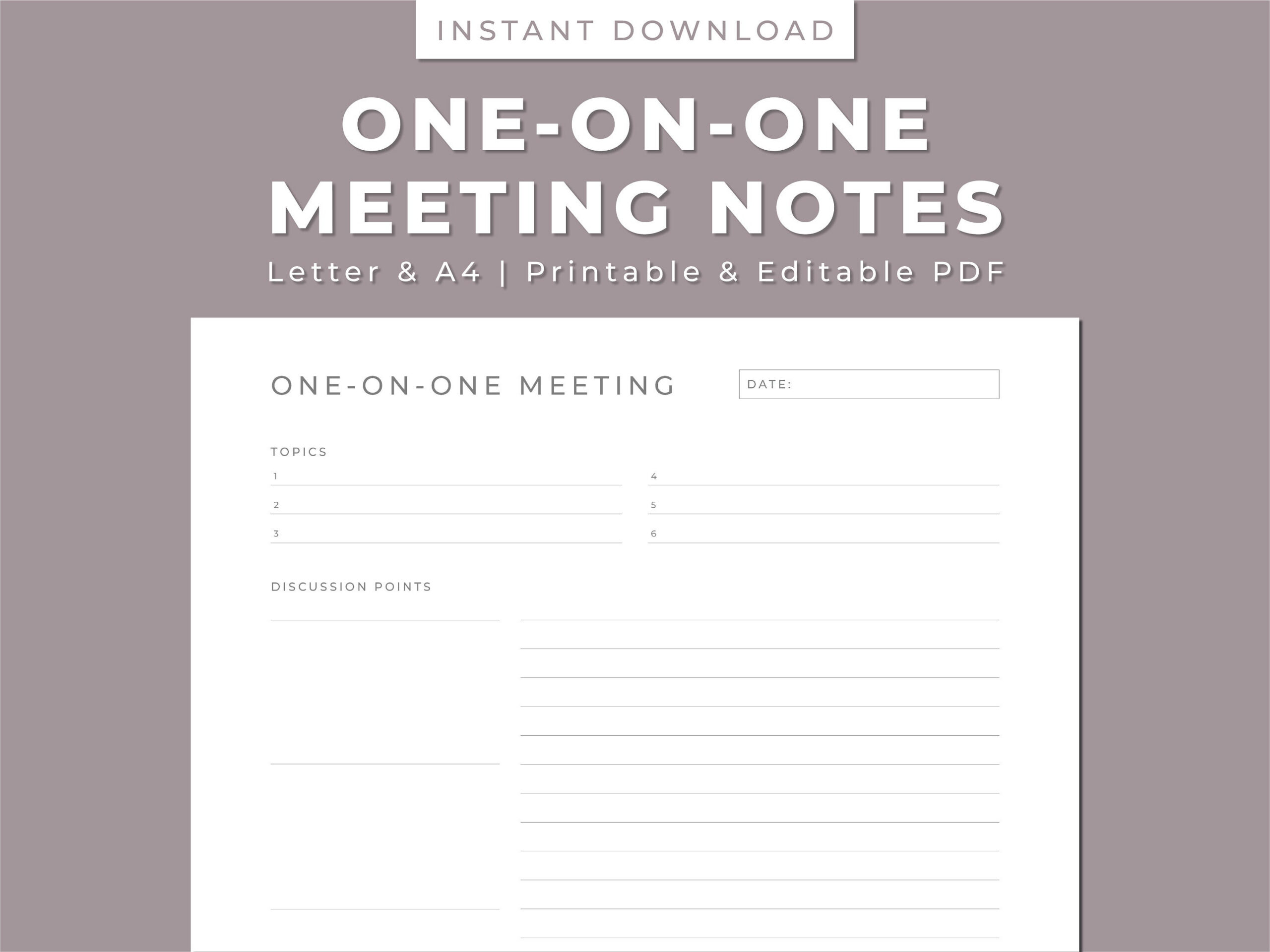 One-On-One Meeting Notes Printable: Agenda And Minutes (Letter/A4 with regard to Printable 1 on 1 Meeting Template