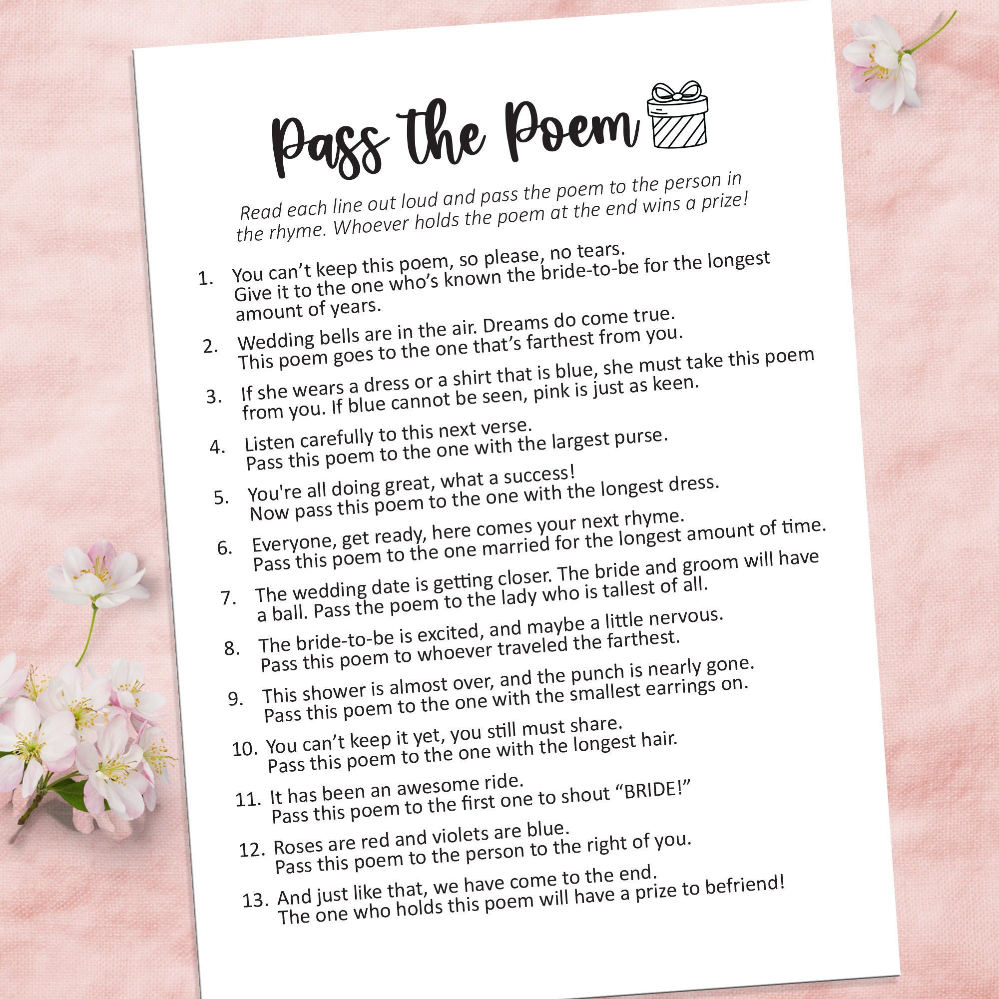 Pass The Poem Bridal Shower Game, Pass The Gift Game, Printable inside Printable Pass The Gift Game Poem