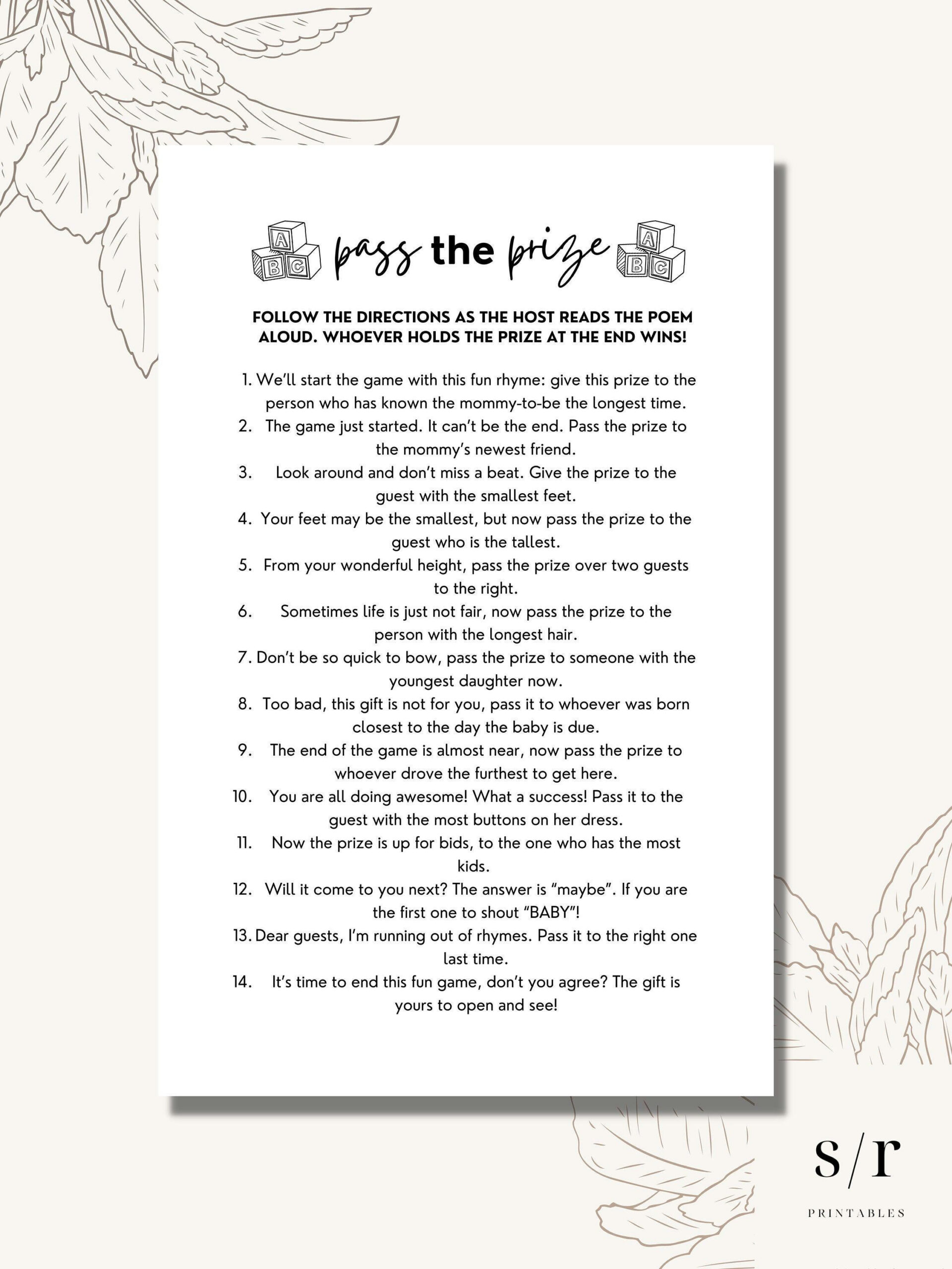 Pass The Prize Poem Game, Printable Baby Shower Games, Minimalist intended for Printable Pass The Gift Game Poem