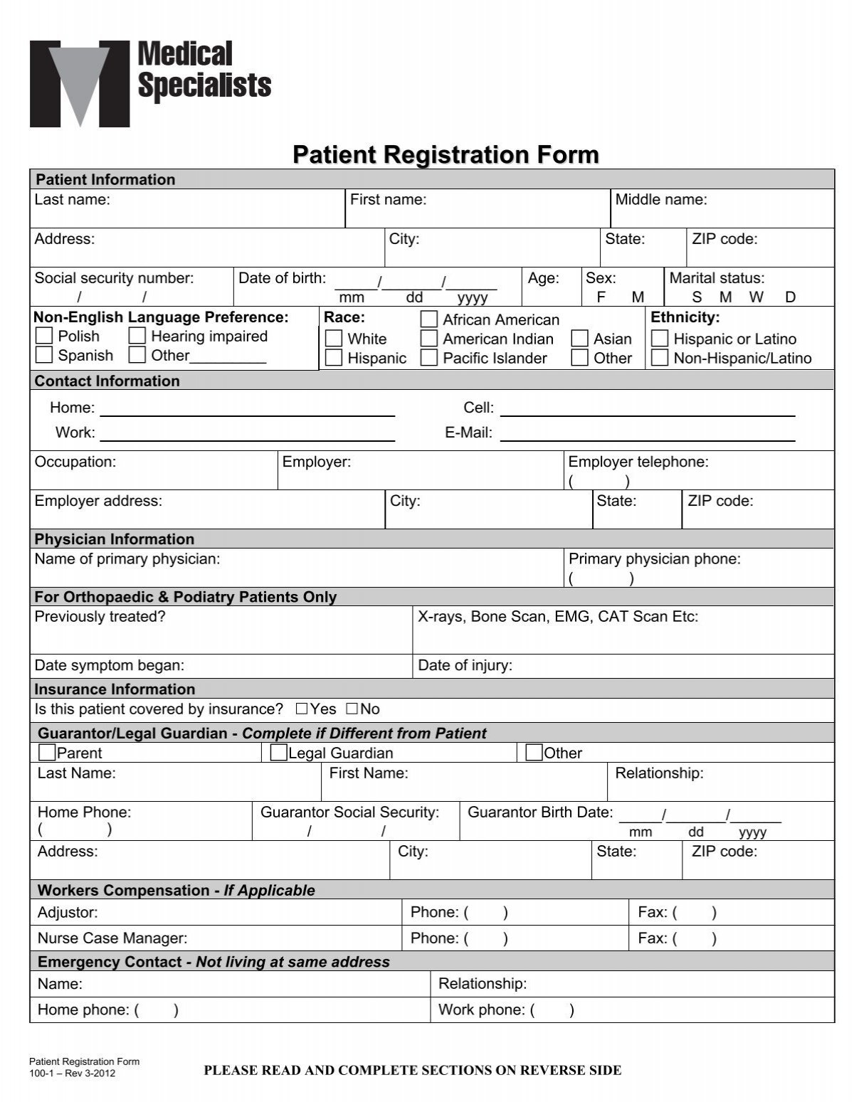 Patient Registration Form - Medical Specialists intended for Printable Spanish Patient Registration Form