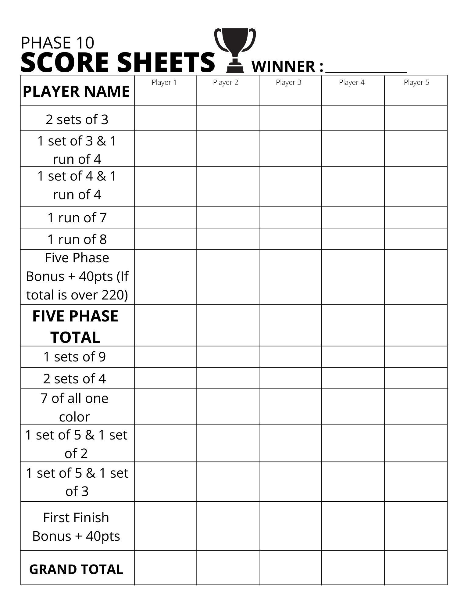 Phase 10 Anzeigetafel - Score Sheet - Printable Pdf - Etsy.de pertaining to Printable Phase 10 Score Sheet