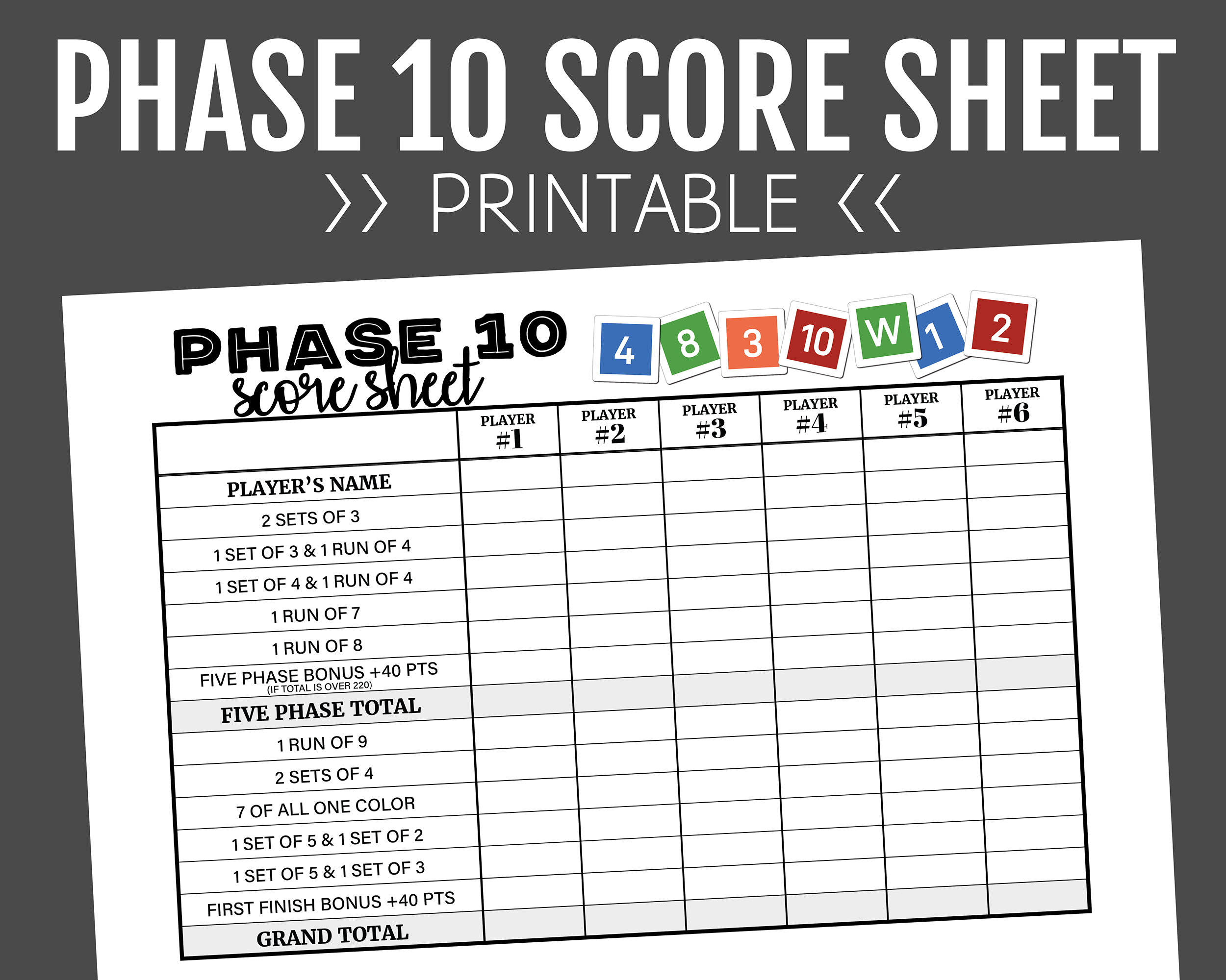 Phase 10 Score Sheet, Printable Score Sheet, Digital, Instant throughout Printable Phase 10 Score Sheet