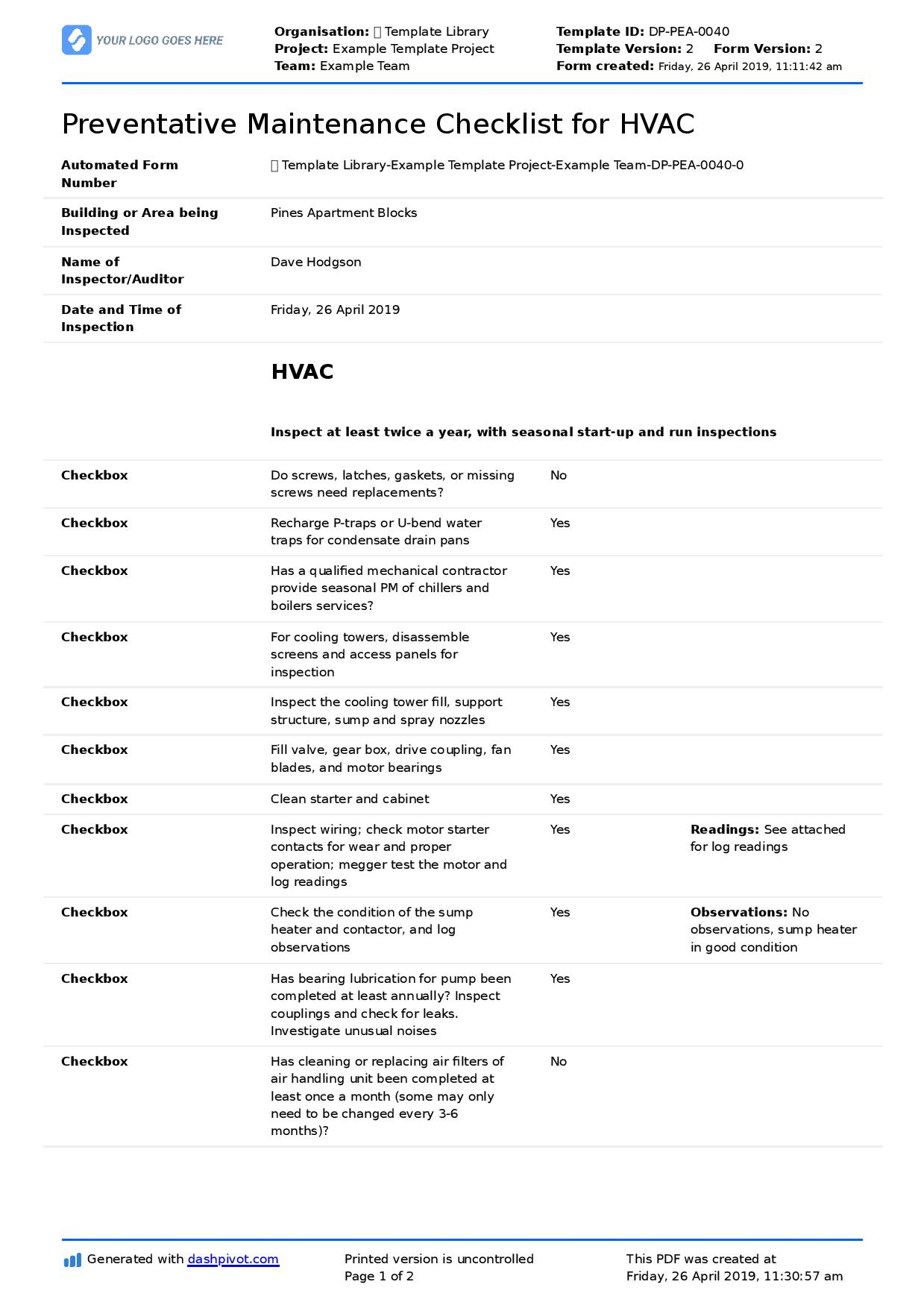 Preventive Maintenance For Hvac: Use The Free Checklist Template pertaining to Printable Hvac Inspection Checklist Template