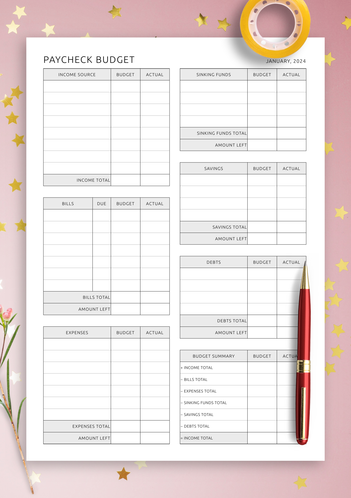 Printable And Digital Paycheck Budget Template - Download Pdf For regarding Printable Weekly Paycheck Budget Template