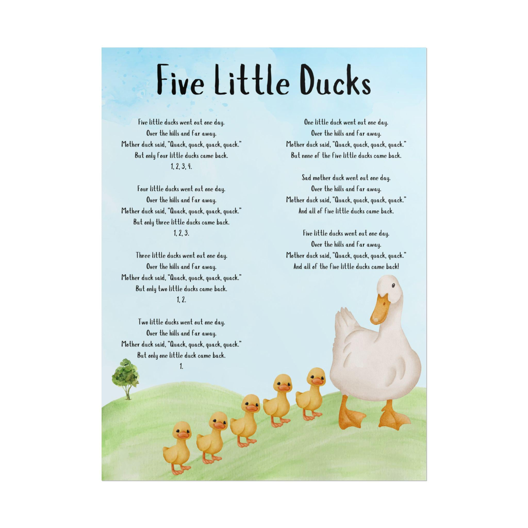 Printable Poster, Five Little Ducks Song, Mother Duck And with regard to 5 Little Ducks Lyrics Printable