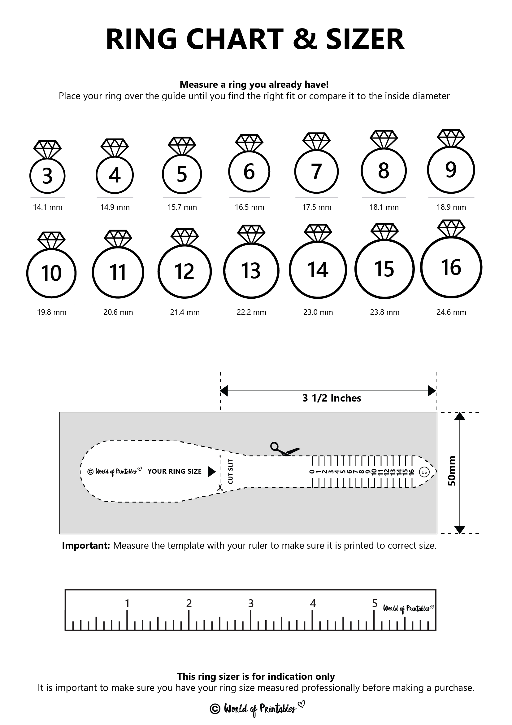Printable Ring Size Chart - Find Your Ring Size Easy - World Of pertaining to Printable Ring Sizer With Half Sizes