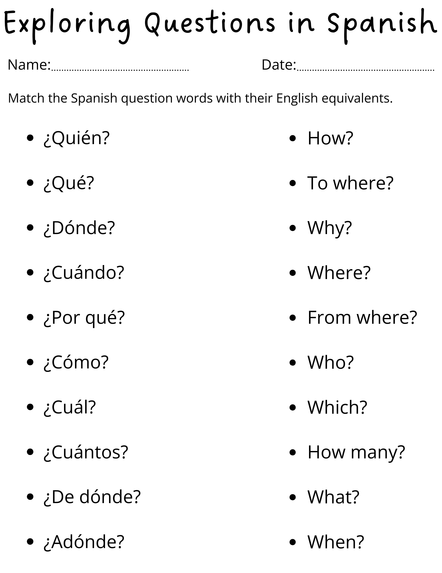 Printable Spanish Question Words Worksheet For Kids | Teaching pertaining to Printable Spanish Worksheets For Beginners