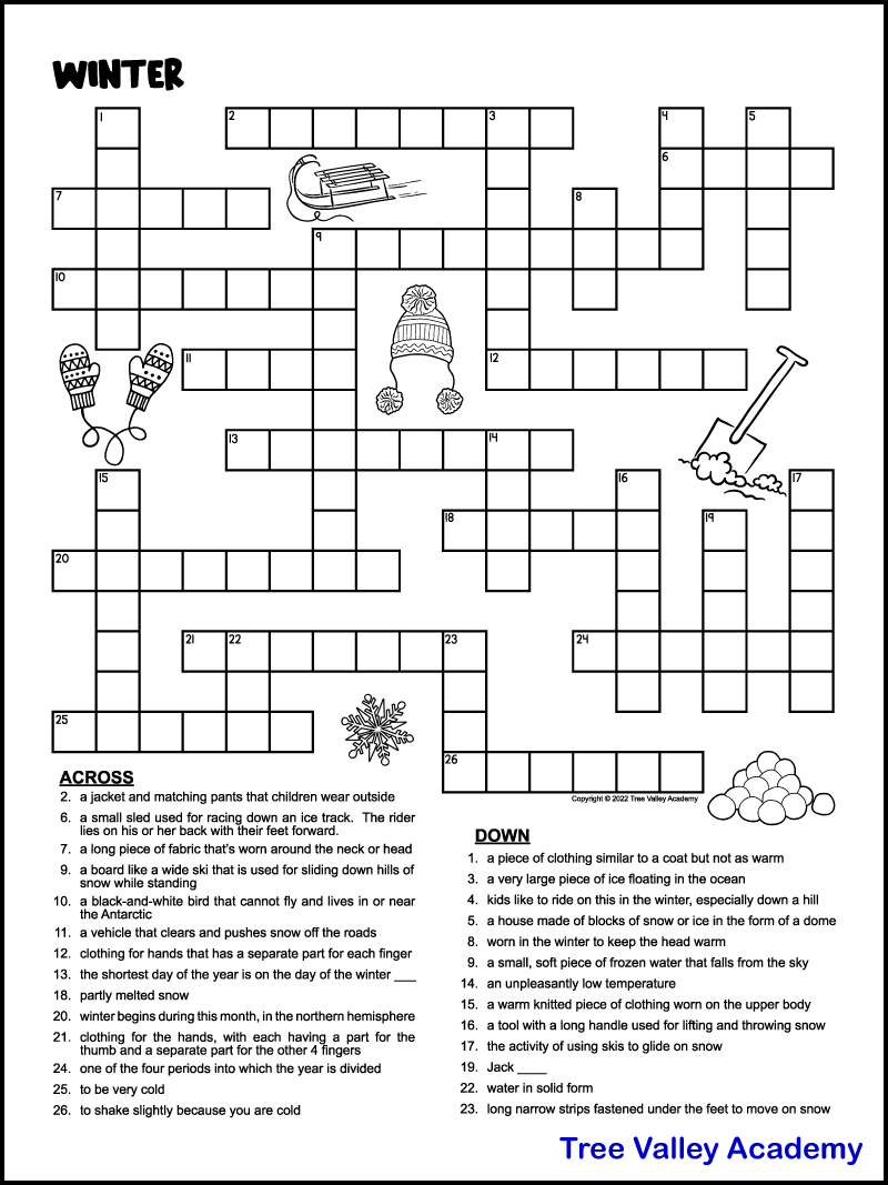 Printable Winter Crossword Puzzles For Kids - Tree Valley Academy inside Printable Crossword Puzzles Medium Difficulty