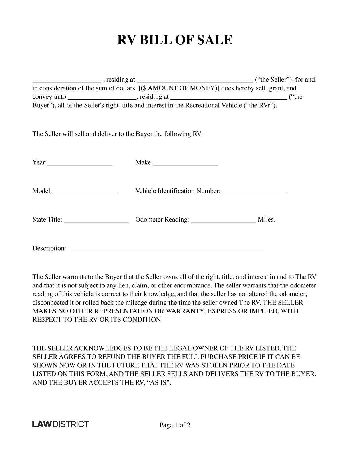 Recreational Vehicle (Rv) Bill Of Sale Form | Lawdistrict with regard to Printable Bill Of Sale For Camper